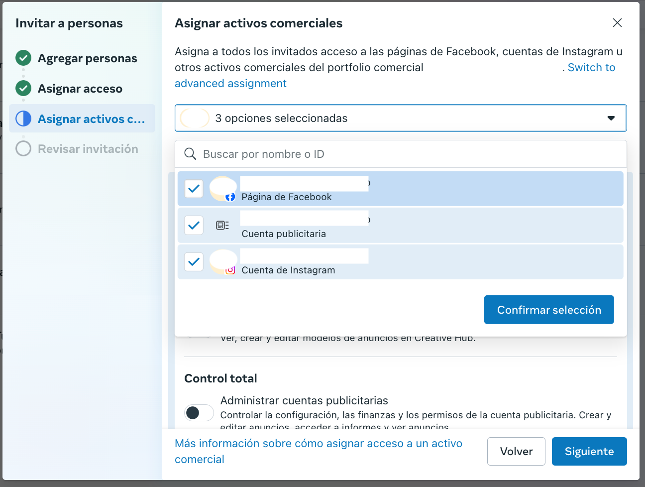 Step #12: Seleccione todos los activos comerciales (Facebook, Instagram y la cuenta publicitaria)