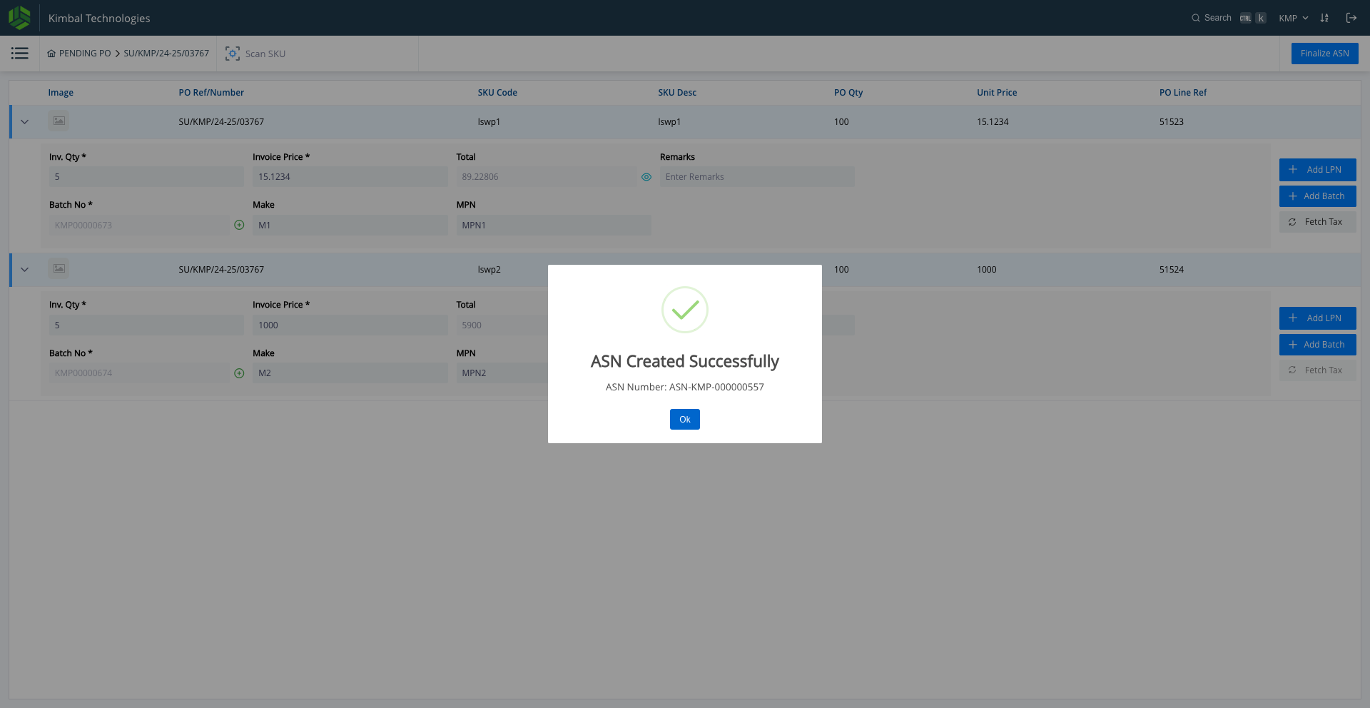 Step #25: Once the ASN is created, the ASN number is displayed, Click on "Ok"