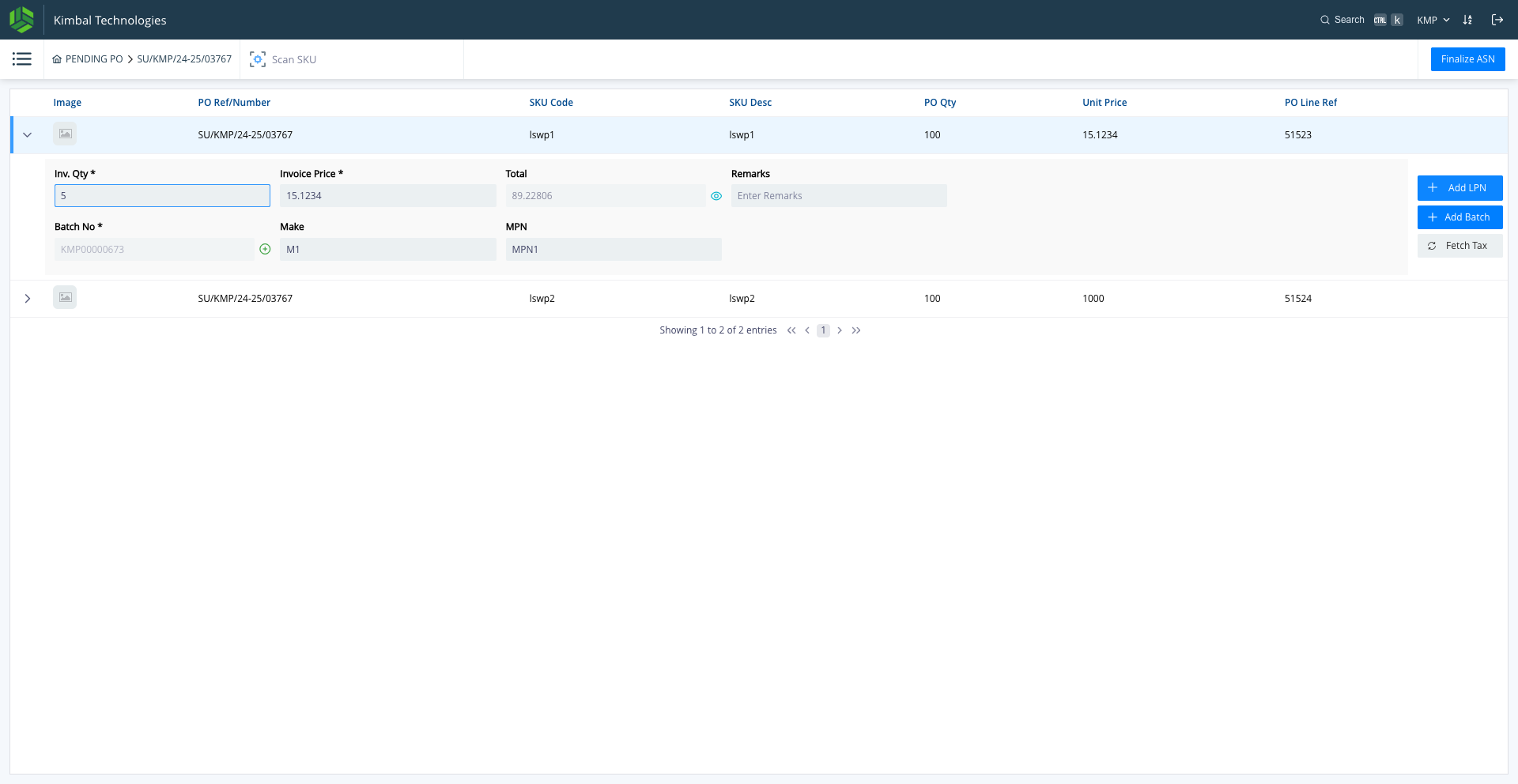 Step #8: Click on "+ Add LPN" to do the packing for the SKU