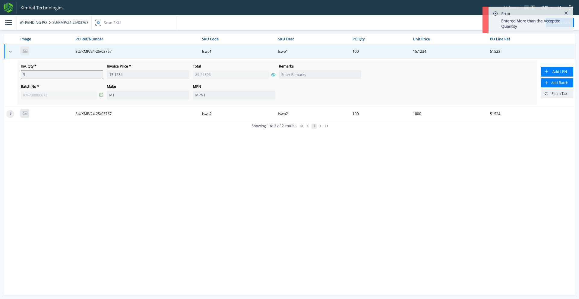 Step #17: Click here against the next SKU for making the ASN entry & follow the same process as is done for the first SKU