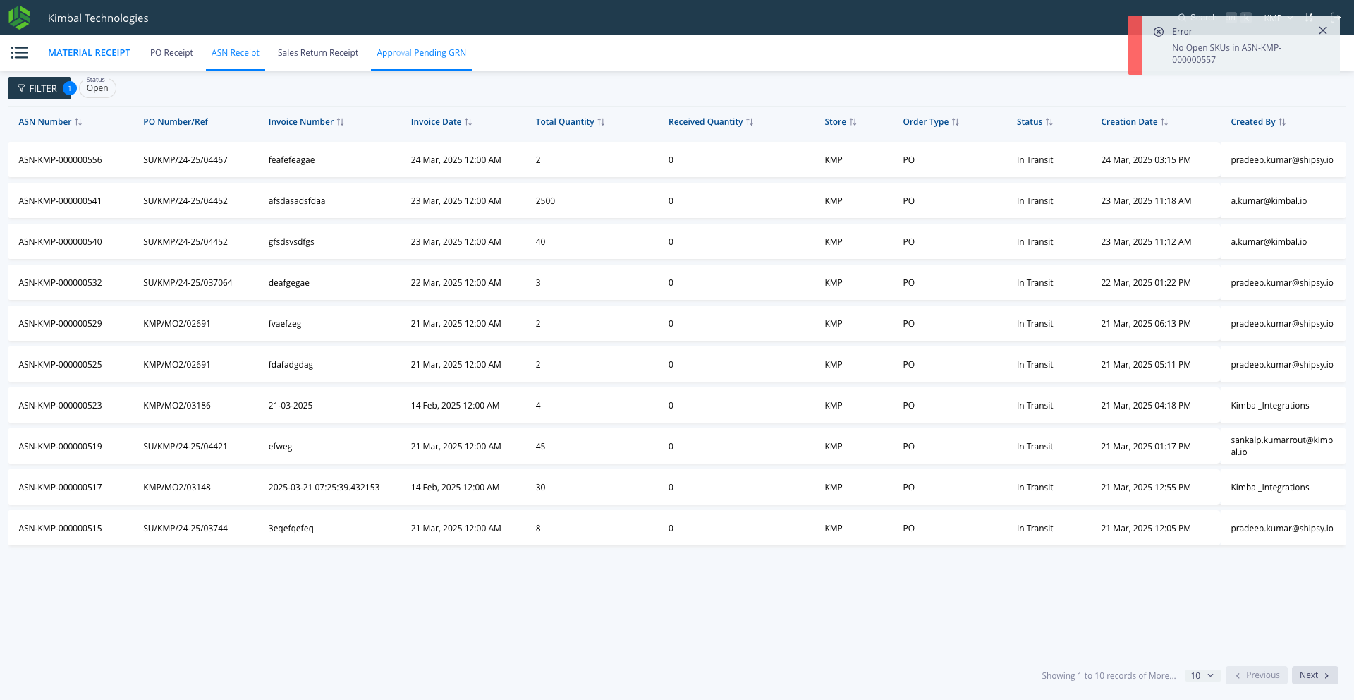 Step #38: Click on "Approval Pending GRN", the pending GRNs waiting for GRN confirmation from ERP will be visible here. Note: manufacturing order PO types will not be visible here since they are directly GRNed & Putaway