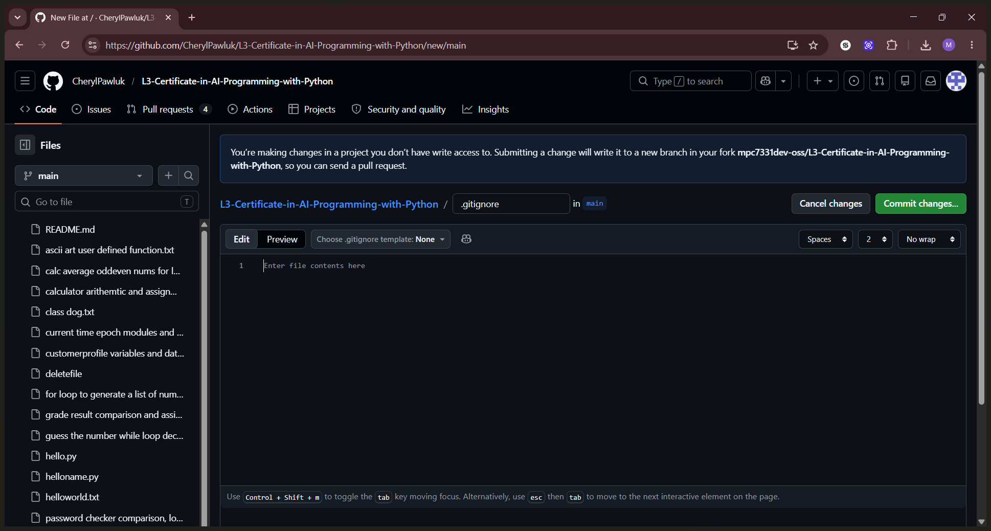 Step #3: Type .gitignore as the file name and add your specific ignore rules into the main text editor.
