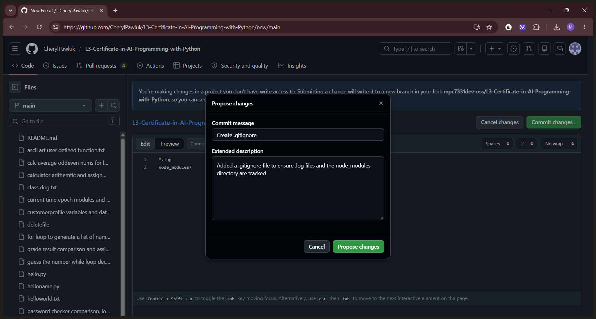 Step #6: Click Propose changes to finalize and save your new file to the repository.