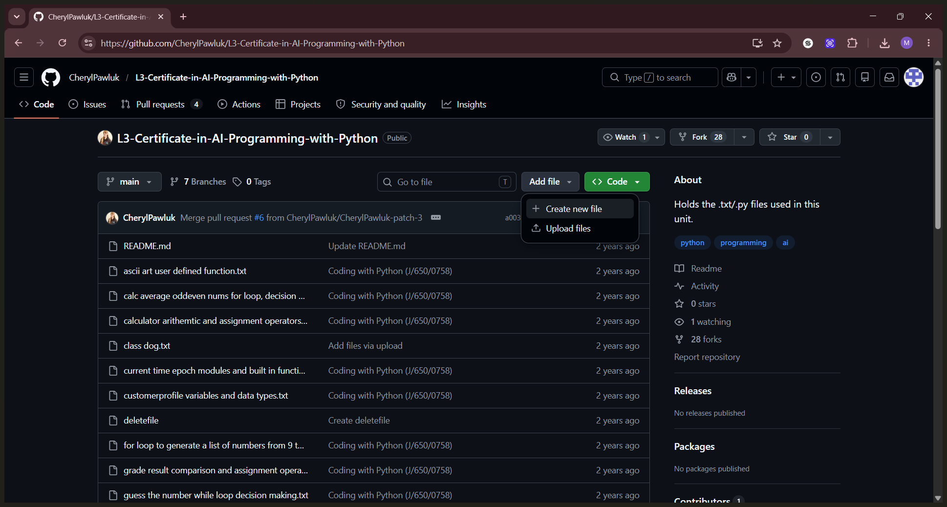 Step #2: Click Add file and select Create new file from the dropdown menu.