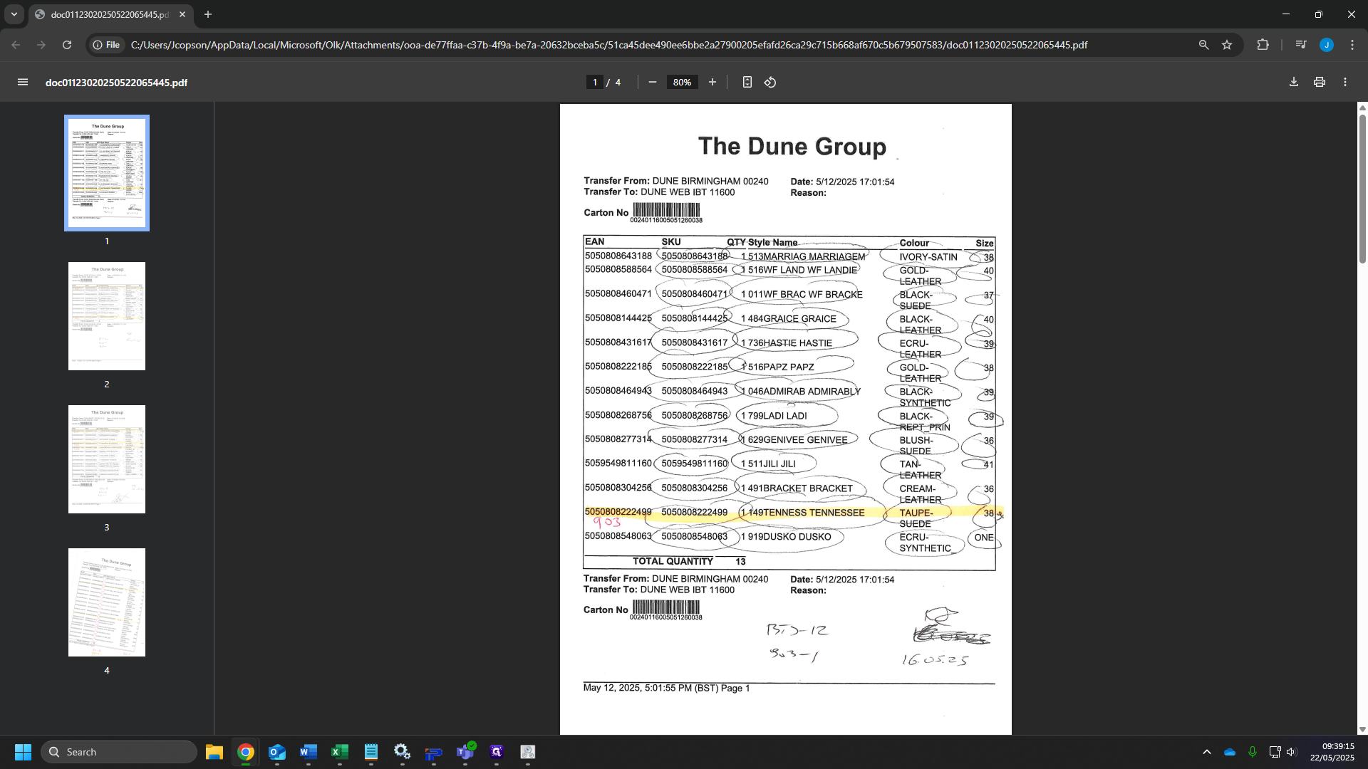 Step #1: When receiving a transfer batch, this is what you will see, First sort through your batch and scan any faulty items (903,905 these are usually highlighted as below) to Rebecca Scattergood via email. 