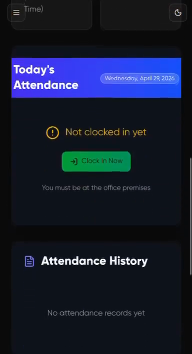 Step #2: On your dashboard, scroll down to the Attendance Section ,click the green Clock In Now button.