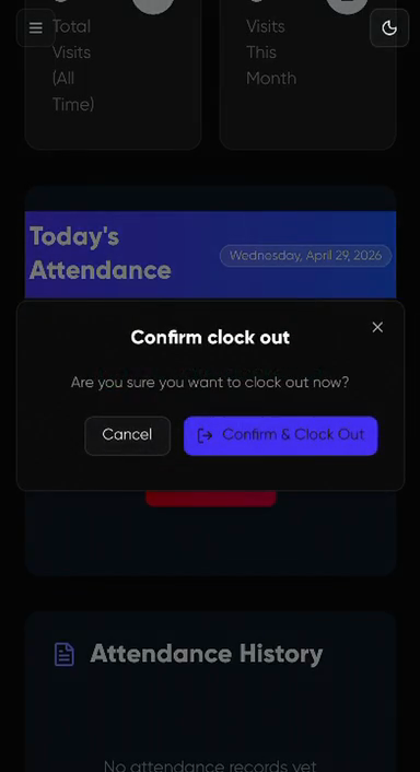 Step #6: Click Confirm & Clock Out in the pop-up dialog to finalize your departure.
