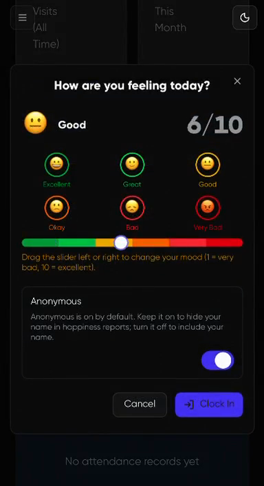 Step #3: In the "How are you feeling today?" modal, optionally adjust your mood and click Clock In.