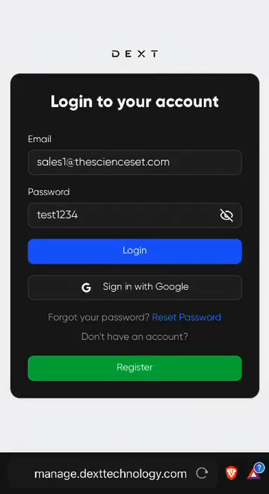 Step #1: If you are not logged into the system, enter your email and password, then click Login to access your DEXT dashboard.