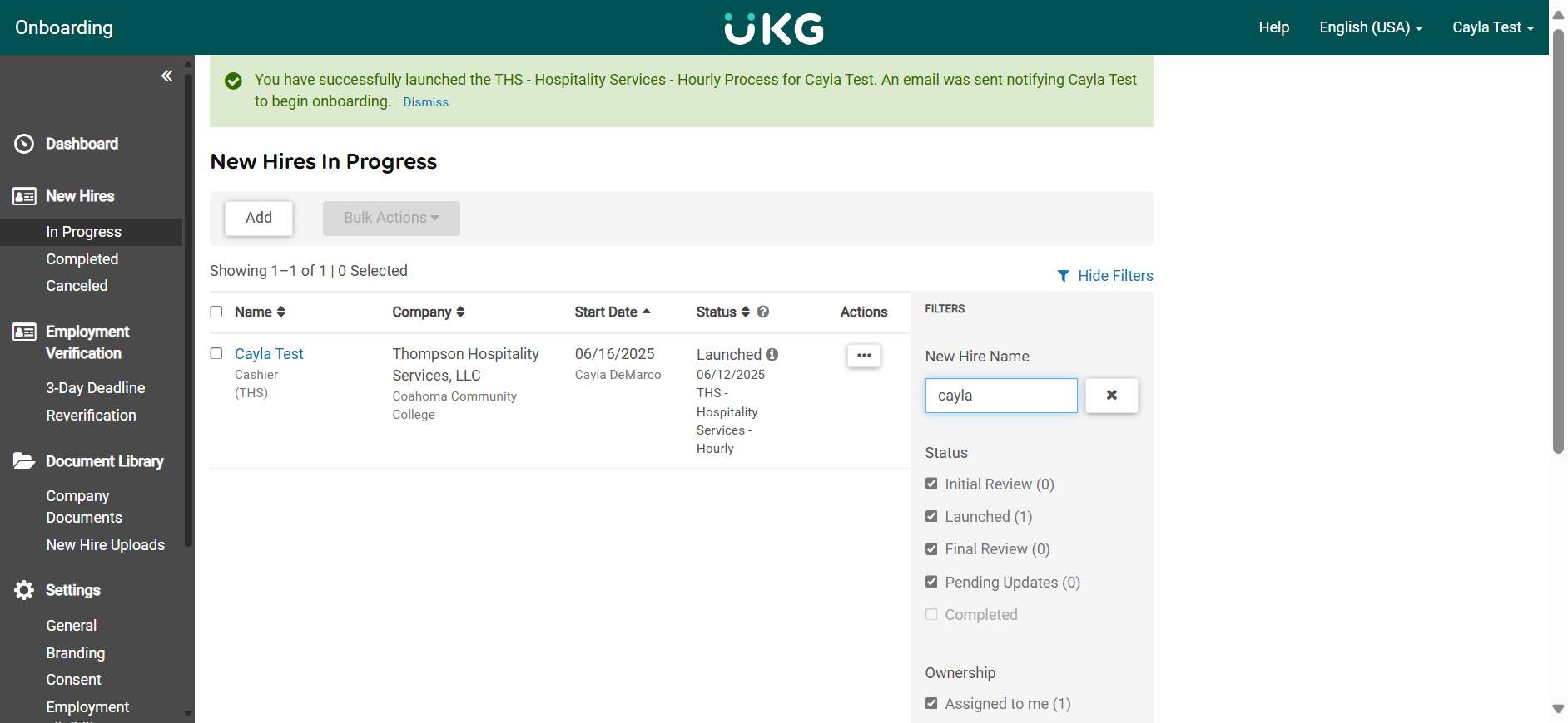 Step #24: Here you can see the candidate profile, and the status is set to "Launched."