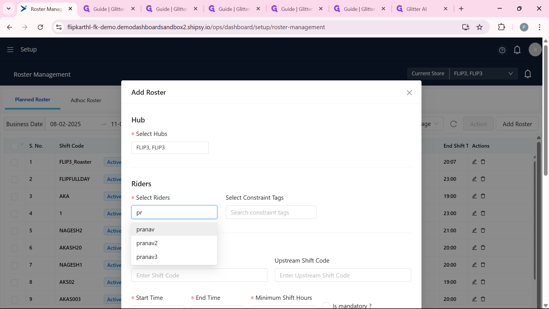 Step #8: Type and Select the name of the rider. In here Hub Manager Click on "pranav"