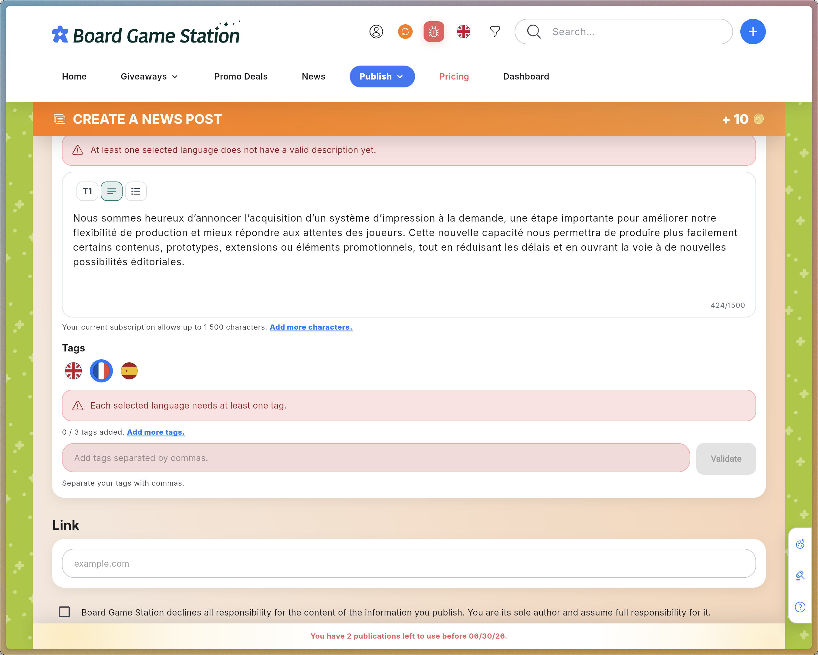 Step #10: Dans le champ des mots-clés, saisissez vos Tags en les séparant par des virgules, puis cliquez sur Valider. Note : le nombre autorisé de tags dépend de votre niveau d'abonnement.
