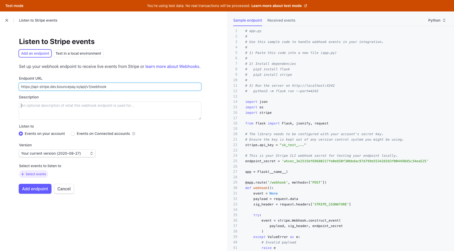 Step #5: Add the optional description of what this webhook endpoint is used for