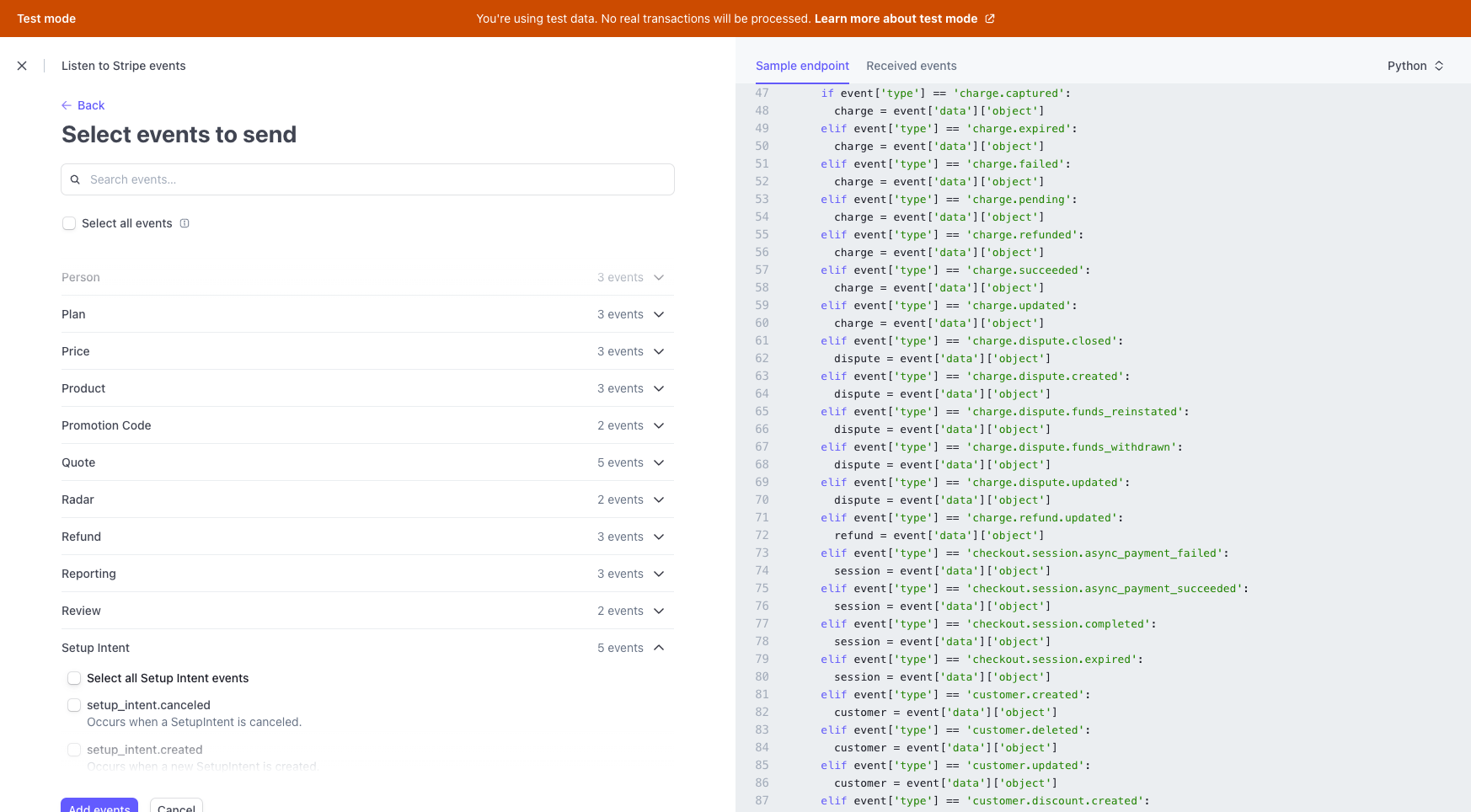 Step #24: Click on "Select all Setup Intent events"