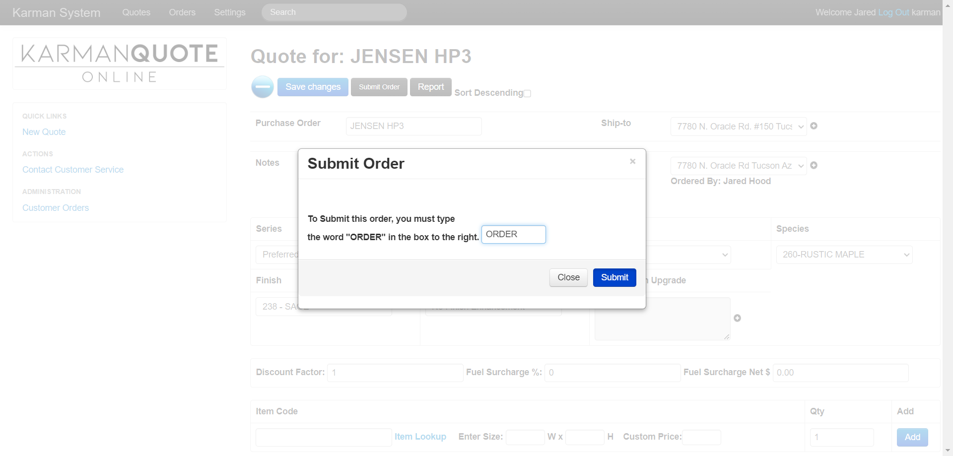 Step #17: type "ORDER" the the box & click "Submit"