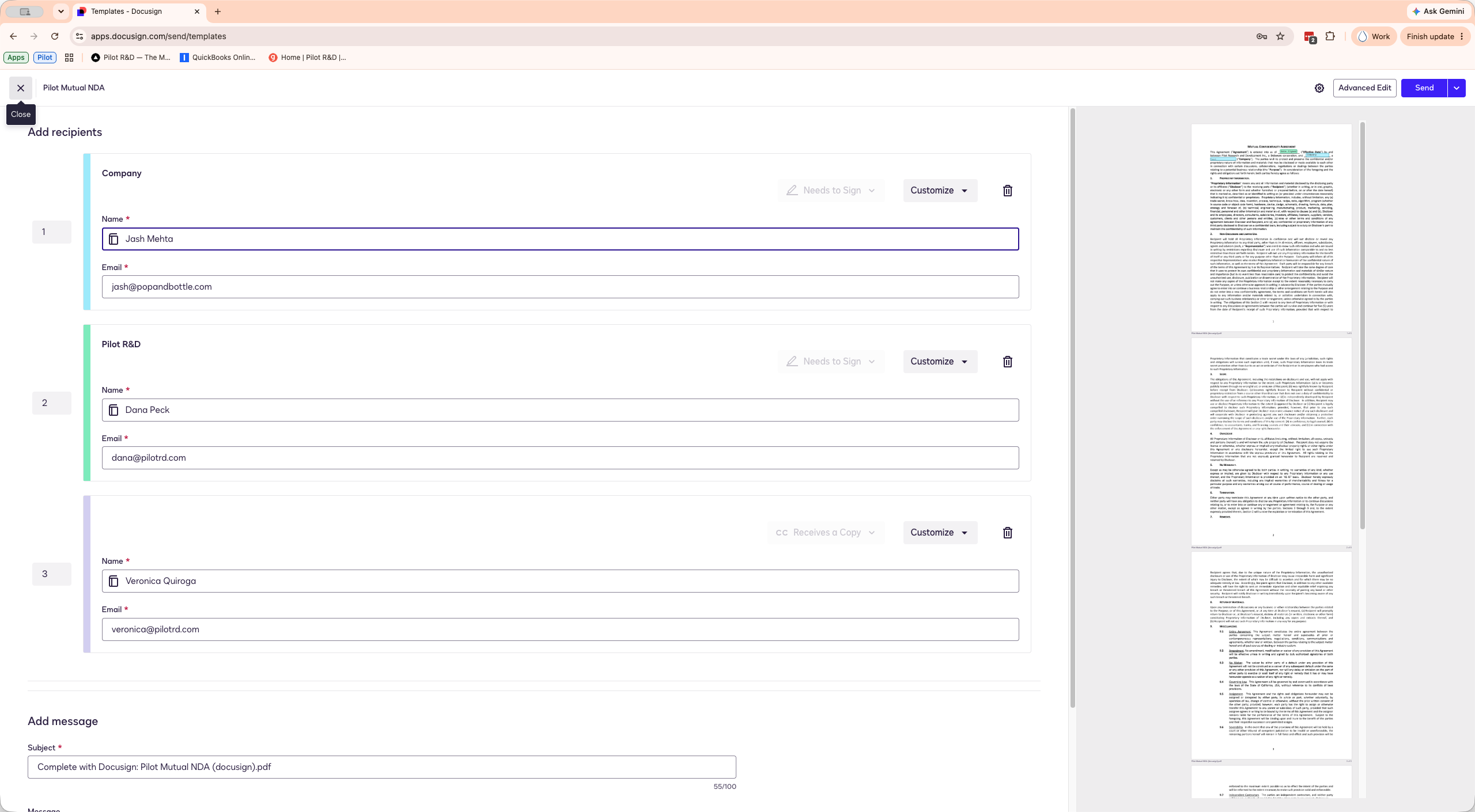Step #5: Click Send to dispatch the mutual NDA to the first signer.