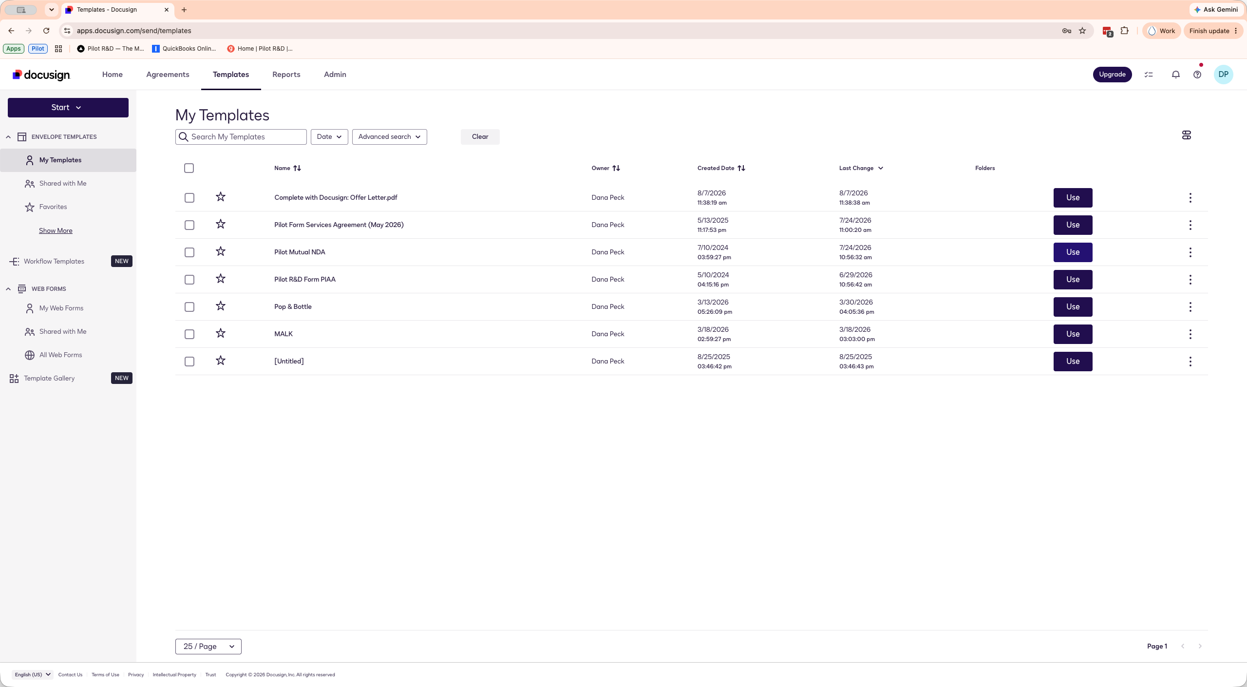 Step #2: Locate the Pilot Mutual NDA in your templates list and click Use.
