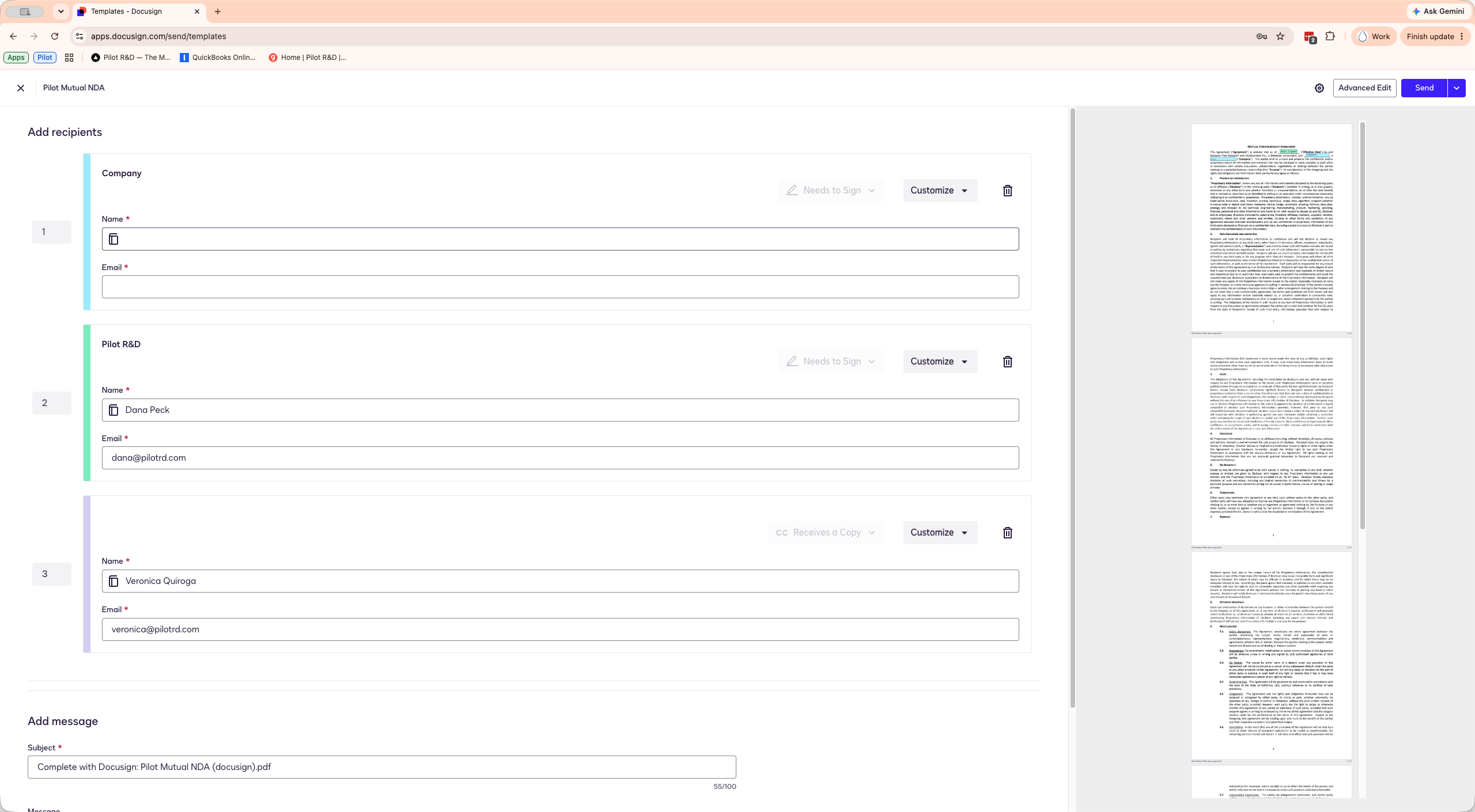 Step #3: Click the name field for the first recipient (the client) and enter their full name.