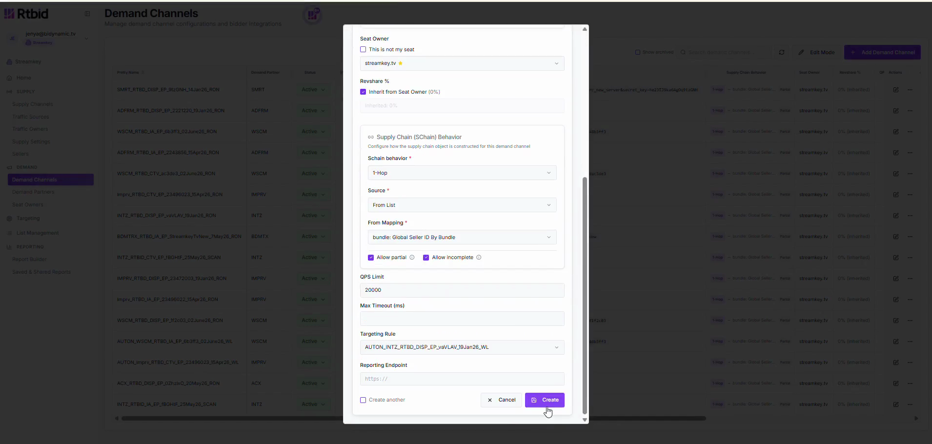Step #22: Click Create on the main demand channel modal to save your updated configuration.
