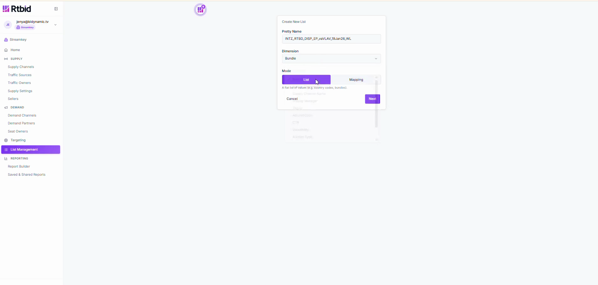 Step #6: Select Bundle to set the dimension type for this list.
