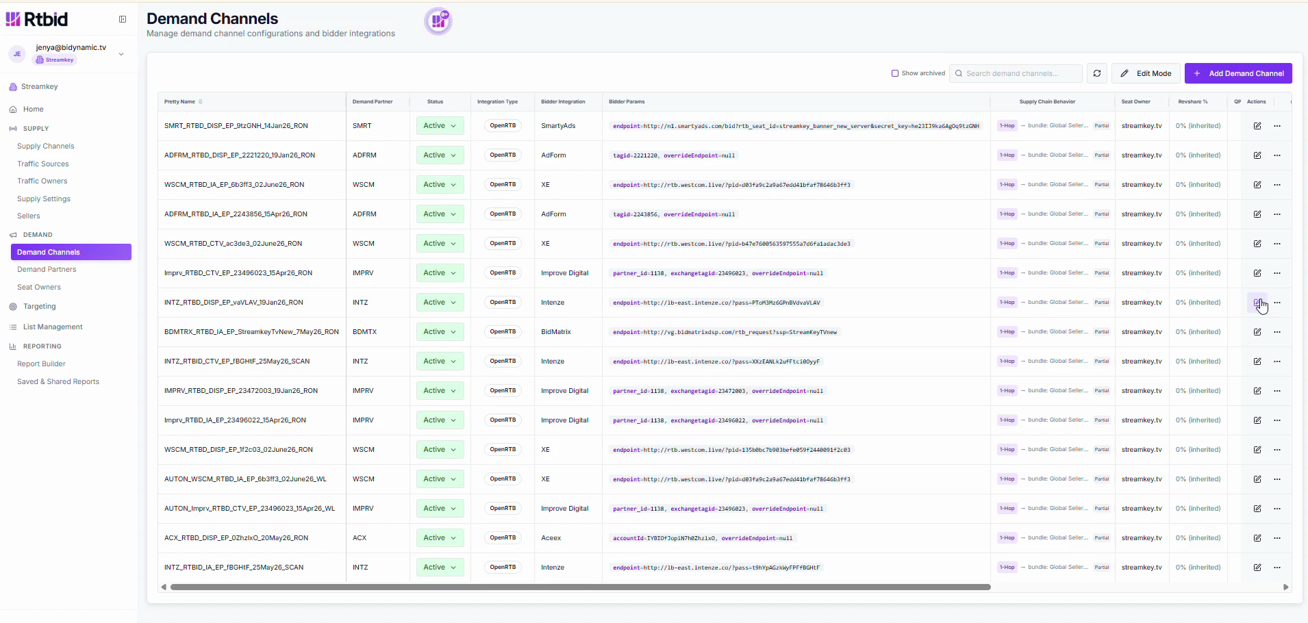 Step #12: Locate the desired demand channel and click the Edit icon (pencil) in the far-right Actions column.