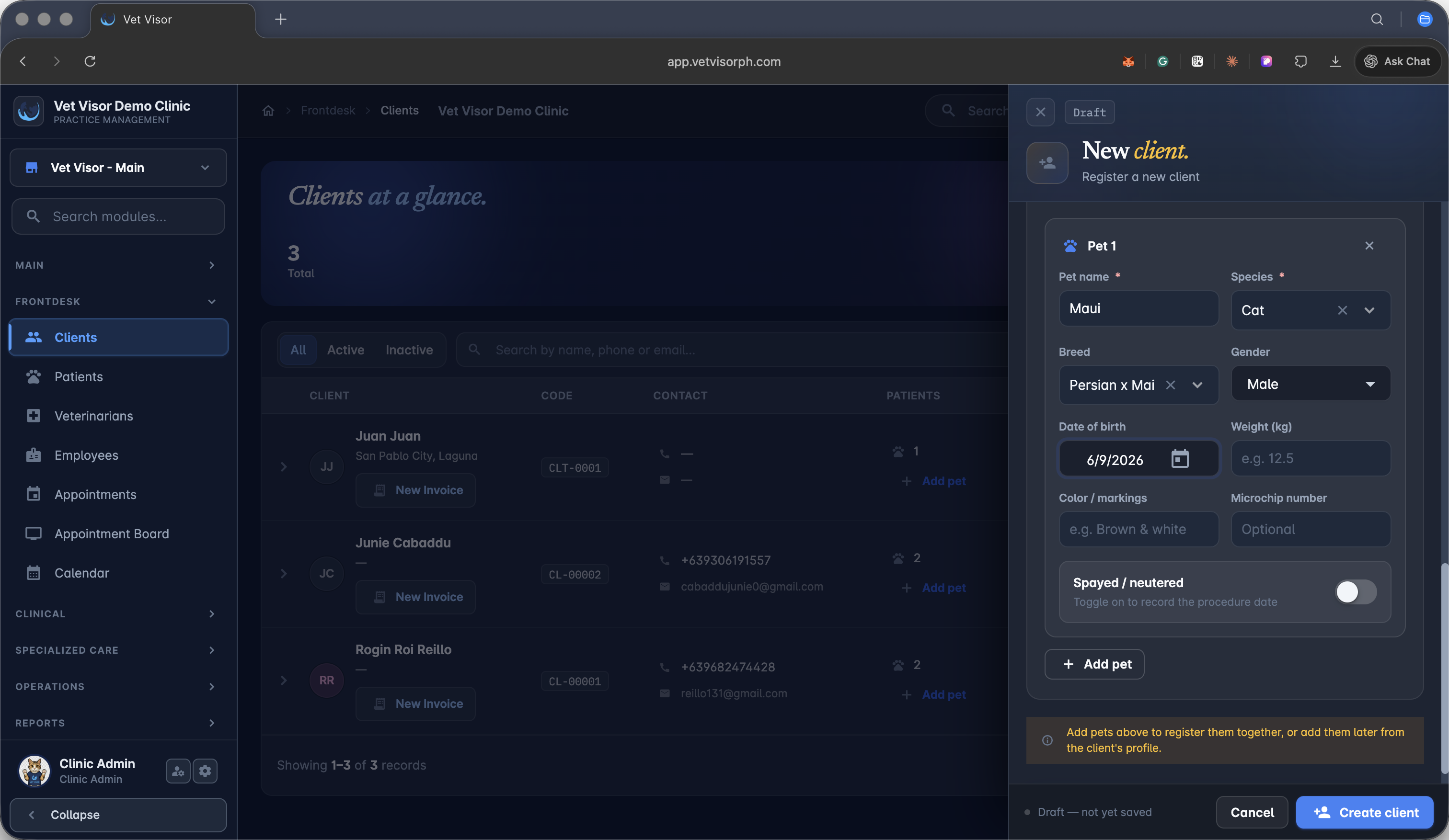 Step #14: Click Create client at the bottom of the form to save the new profile into the system.