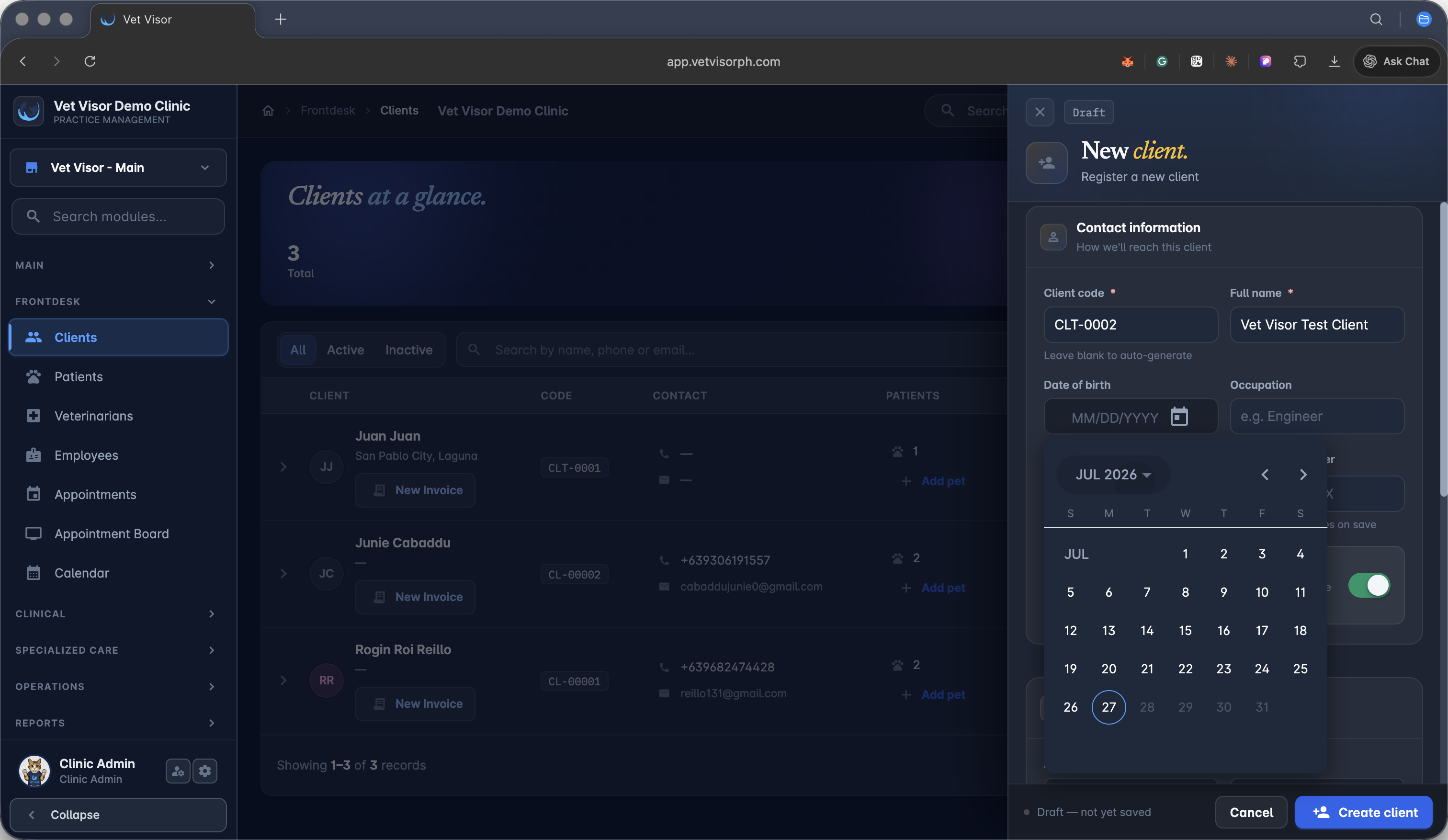 Step #3: Use the calendar picker to select the client's date of birth.