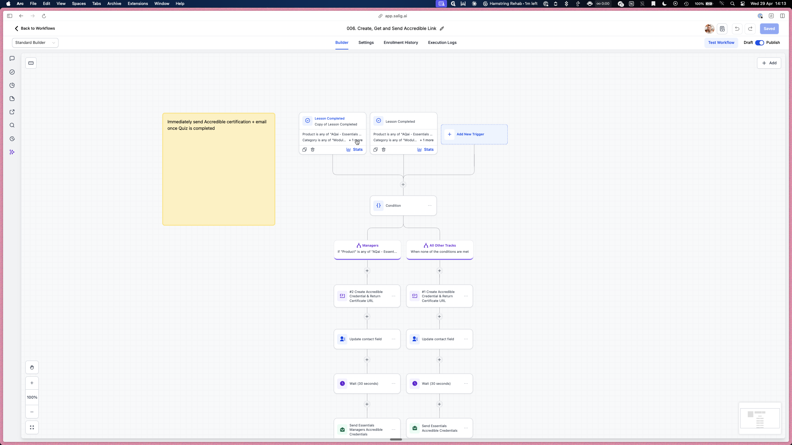 Step #9: Click the Lesson Completed trigger node.