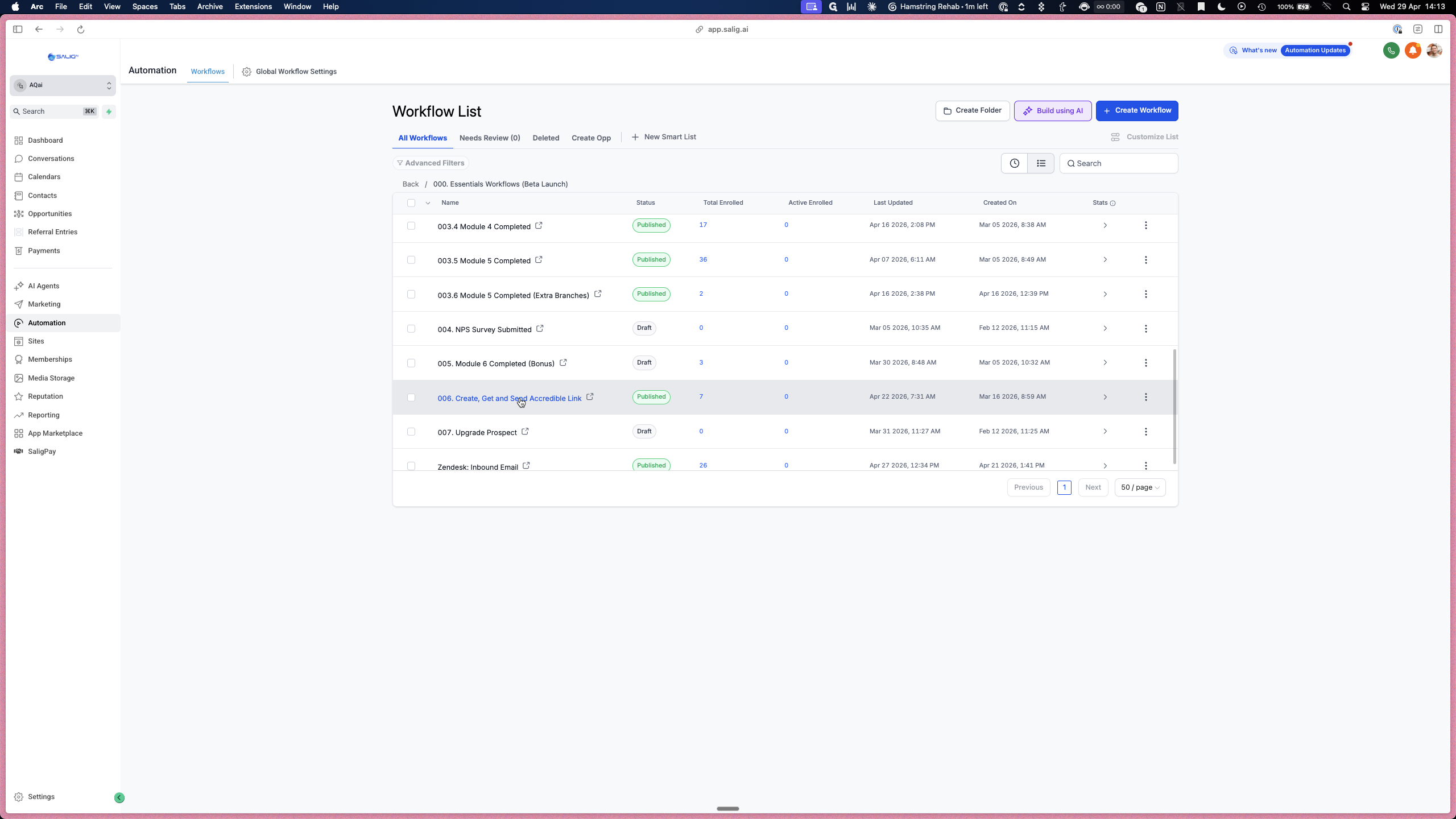 Step #8: Return to the Essentials Workflows folder and select 006. Create, Get and Send Accredible Link.