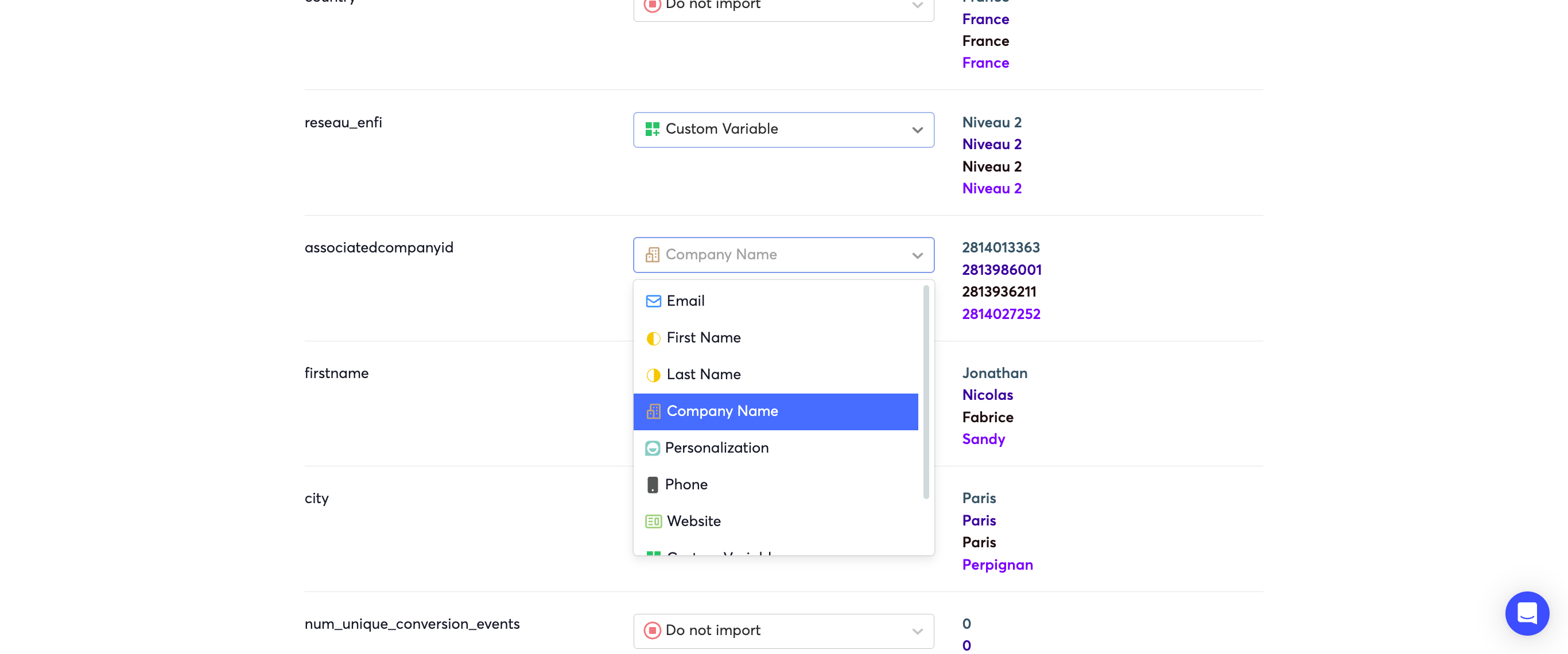Step #10: Exemple : "Companyid" c'est mappé sur "Company Name", ce qui est faux.On fait alors "do not import"En revanche on veut "reseau_enfi" donc on le mappe en "custom variable"