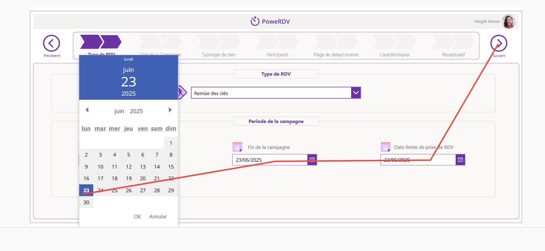 Step #4: Sélectionnez les 3 dates ; Début de campagne, Fin de campagne, Date limite de prise de RDV. Cliquez sur suivant.