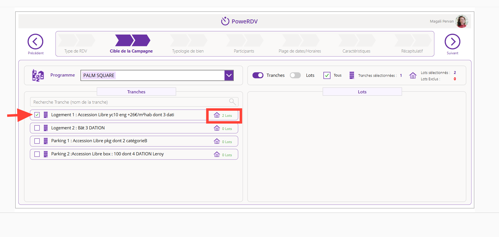 Step #6: Cochez pour sélectionnez un logement avec des lots.