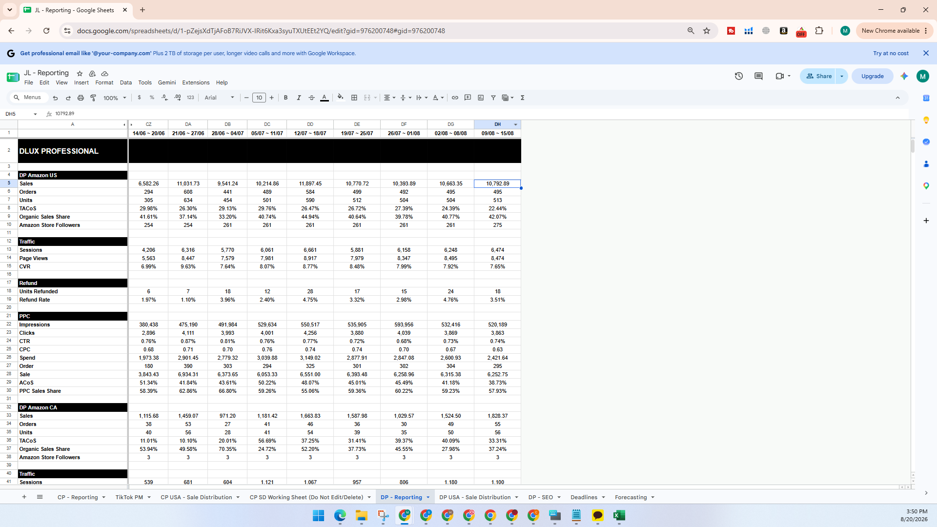 Step #2: Right-click the top of the most recent week's column and select Insert 1 column right.