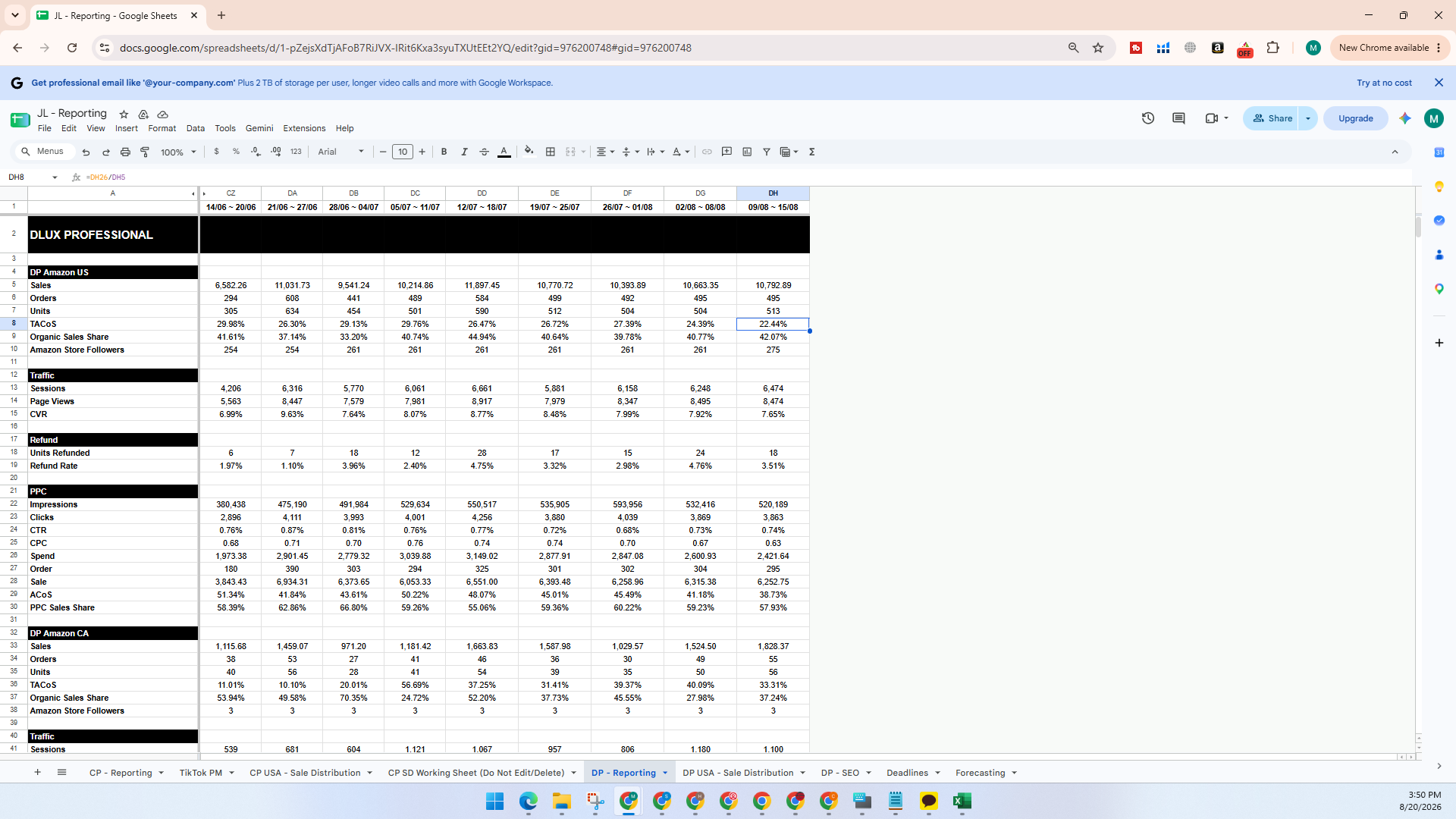 Step #1: Open your Google Sheets reporting dashboard (file name is JL - Reporting) and navigate to the DP - Reporting tab.