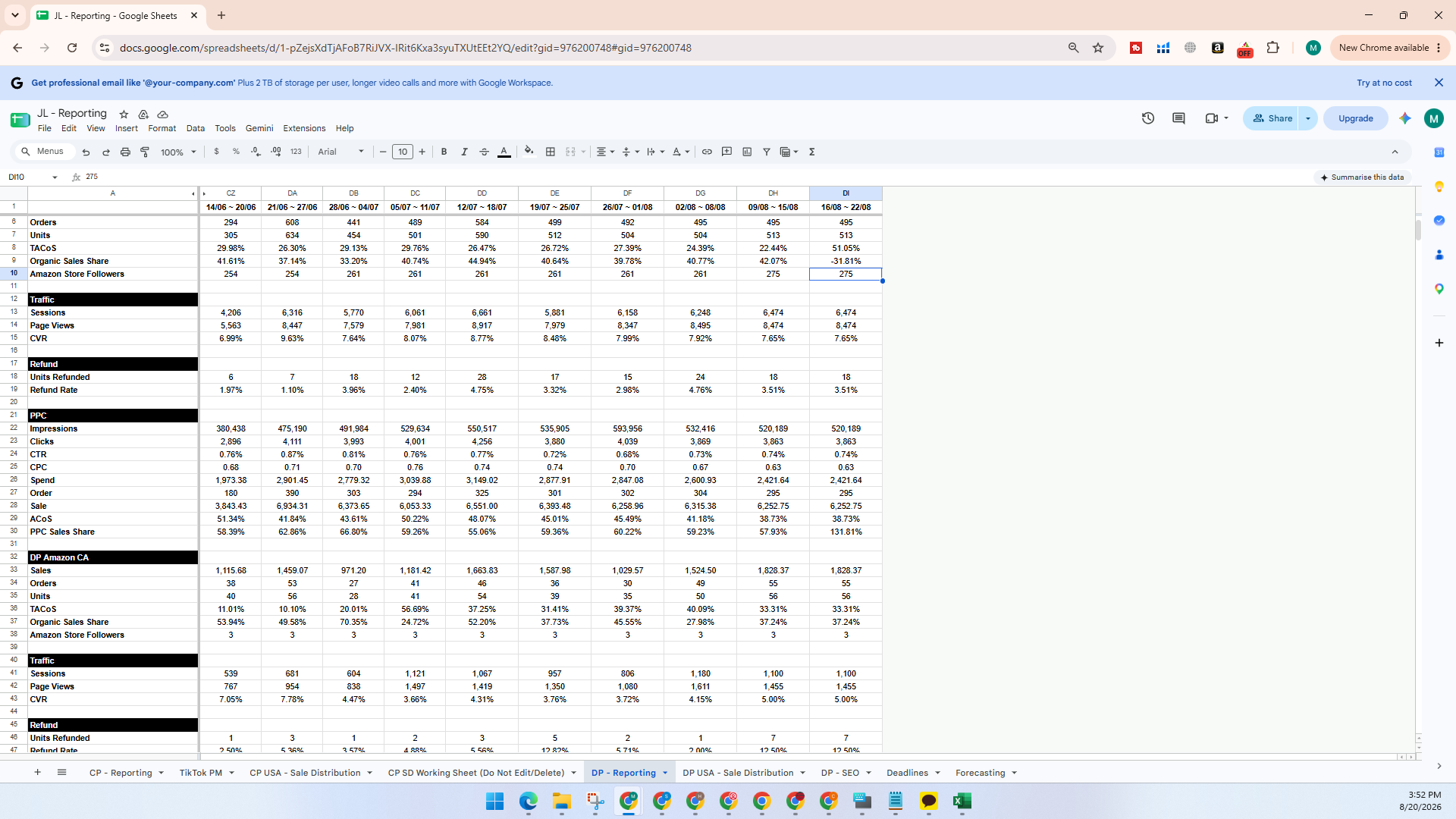 Step #16: Switch to your Google Sheet and enter the total follower count into the corresponding cell.