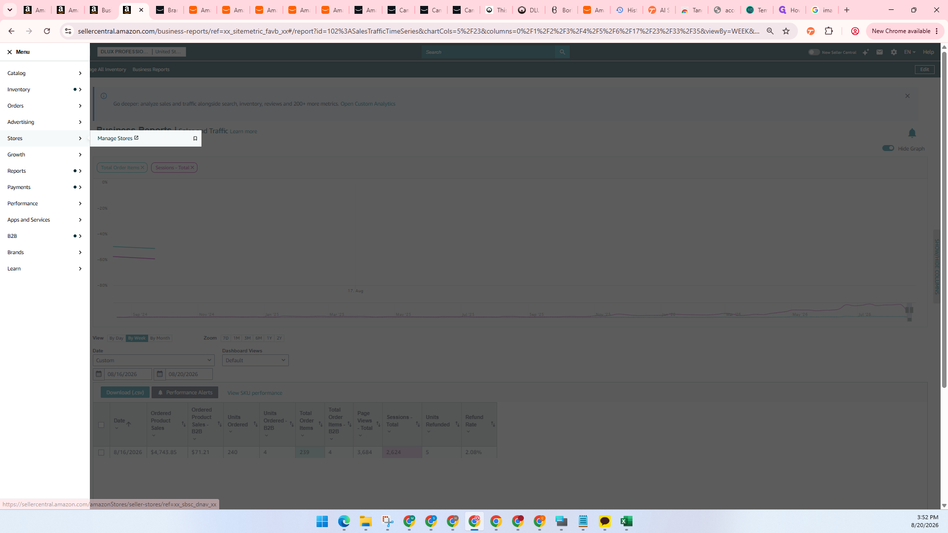 Step #13: Back in Seller Central, open the main menu, select Stores, and click Manage Stores.