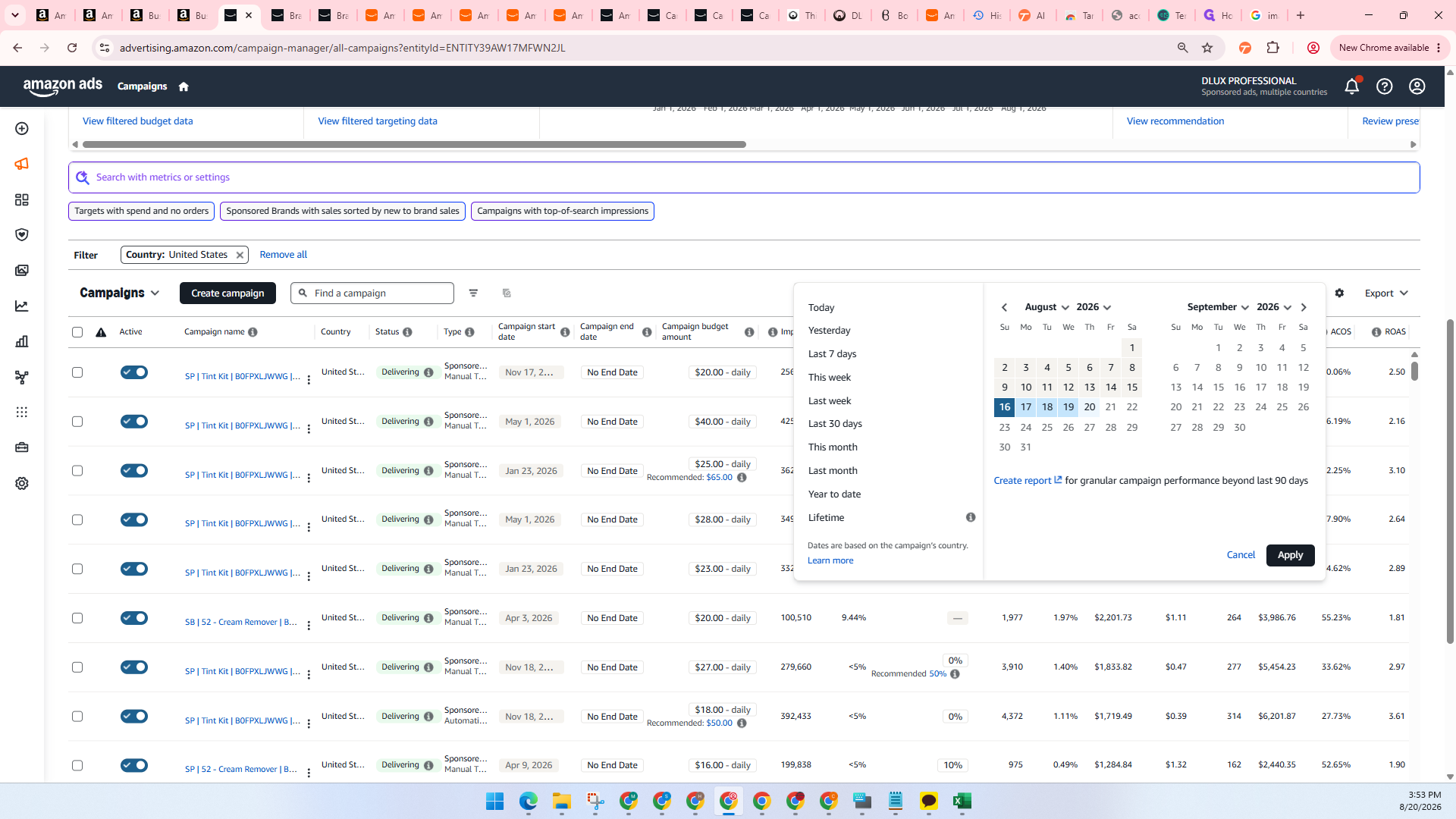 Step #20: Click the date range selector and define the exact start and end dates of the week.