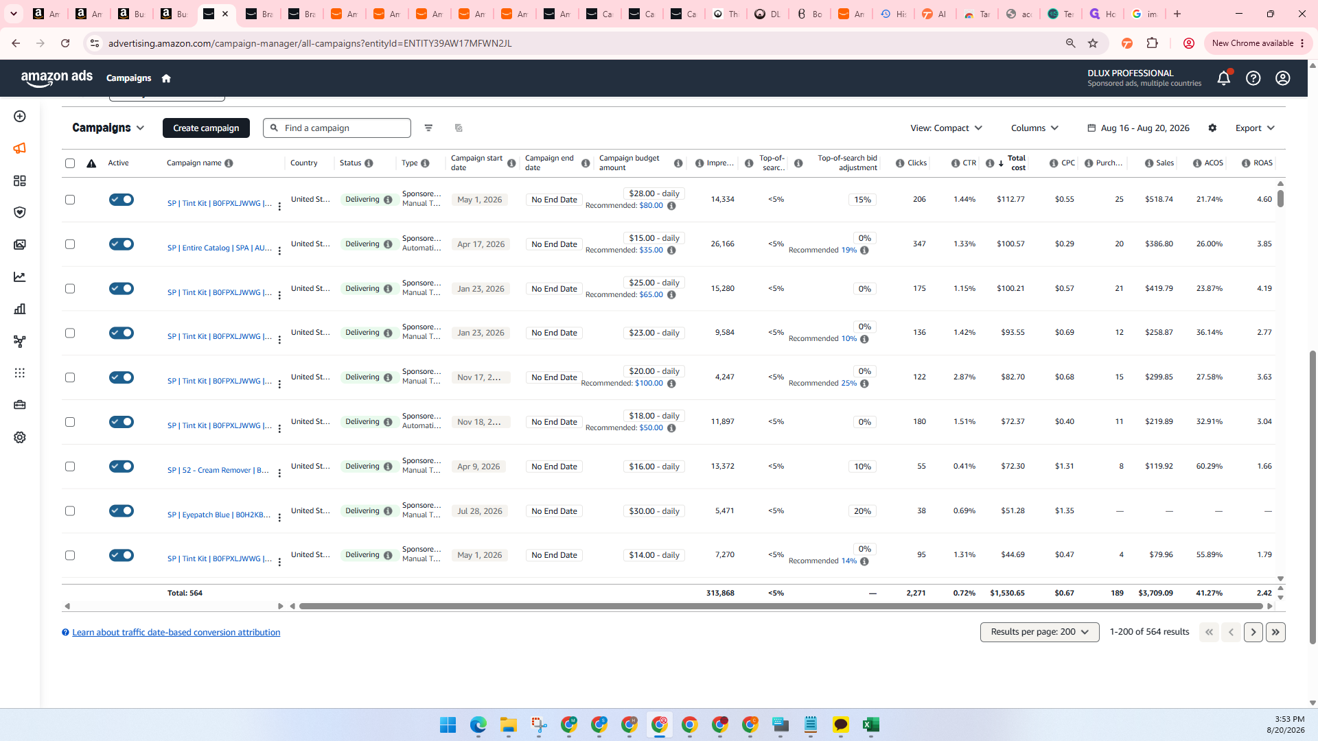 Step #21: Locate the aggregate performance row at the bottom of the campaigns table to find total Impressions, Clicks, Spend, Sales, and Orders.
