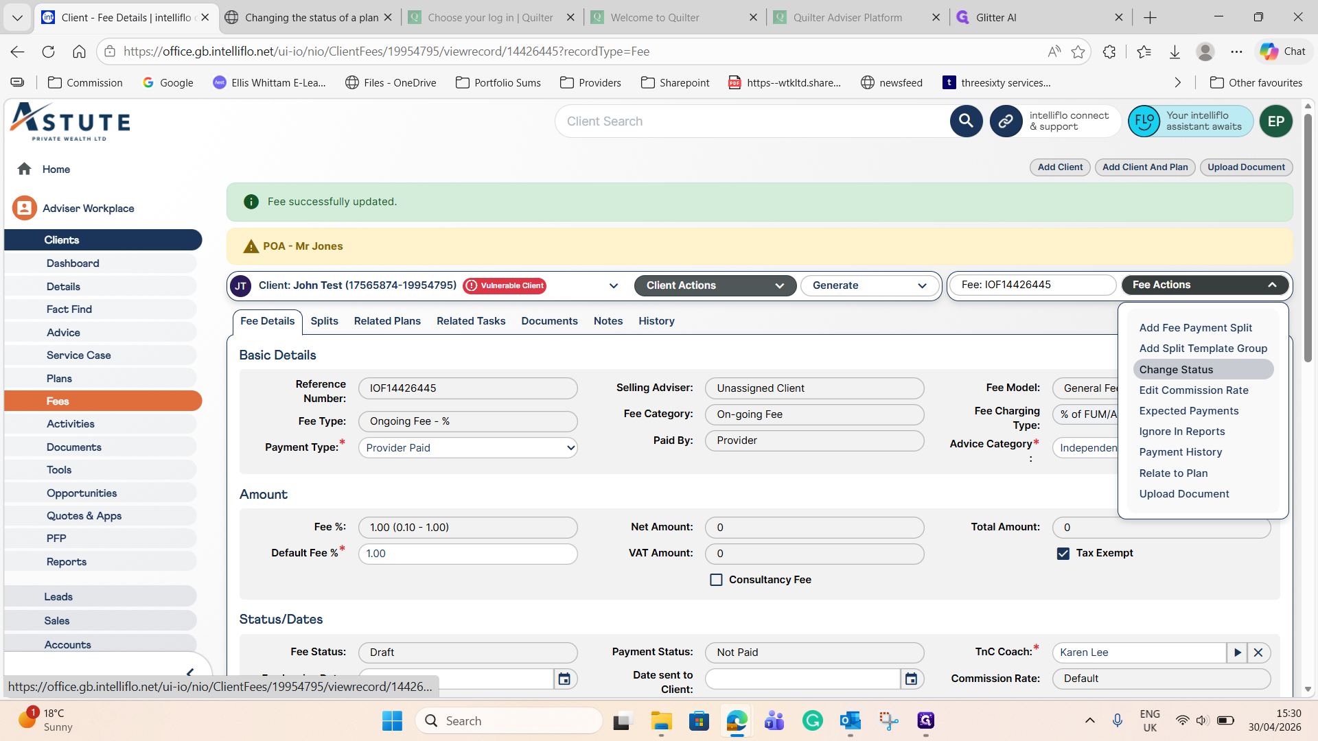 Step #13: Click the Fee Actions dropdown menu and select Change Status.