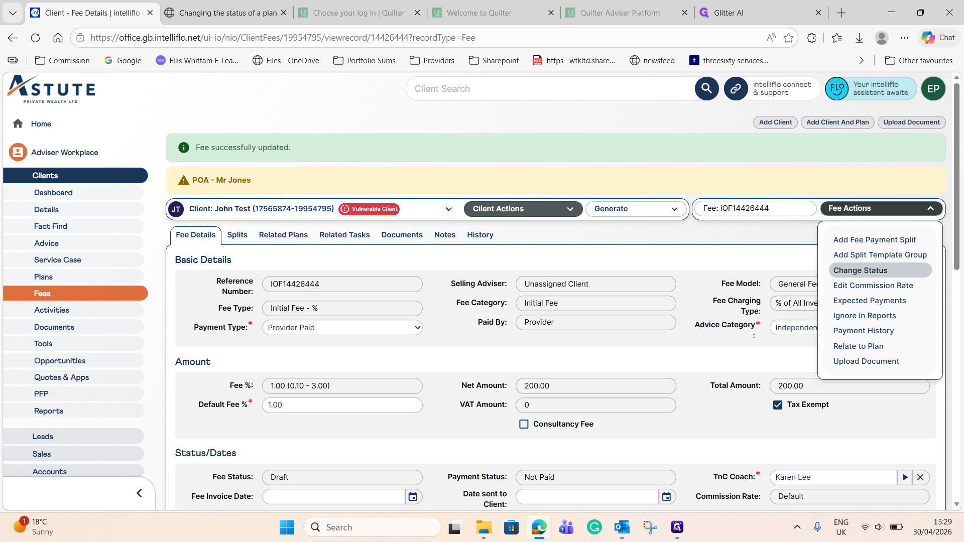 Step #5: Click the Fee Actions dropdown menu and select Change Status.