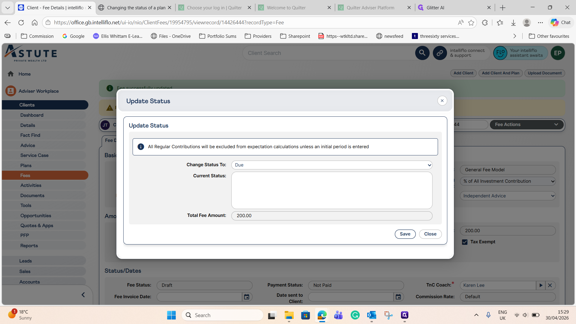 Step #6: Update the status to Due and click Save in the modal window.
