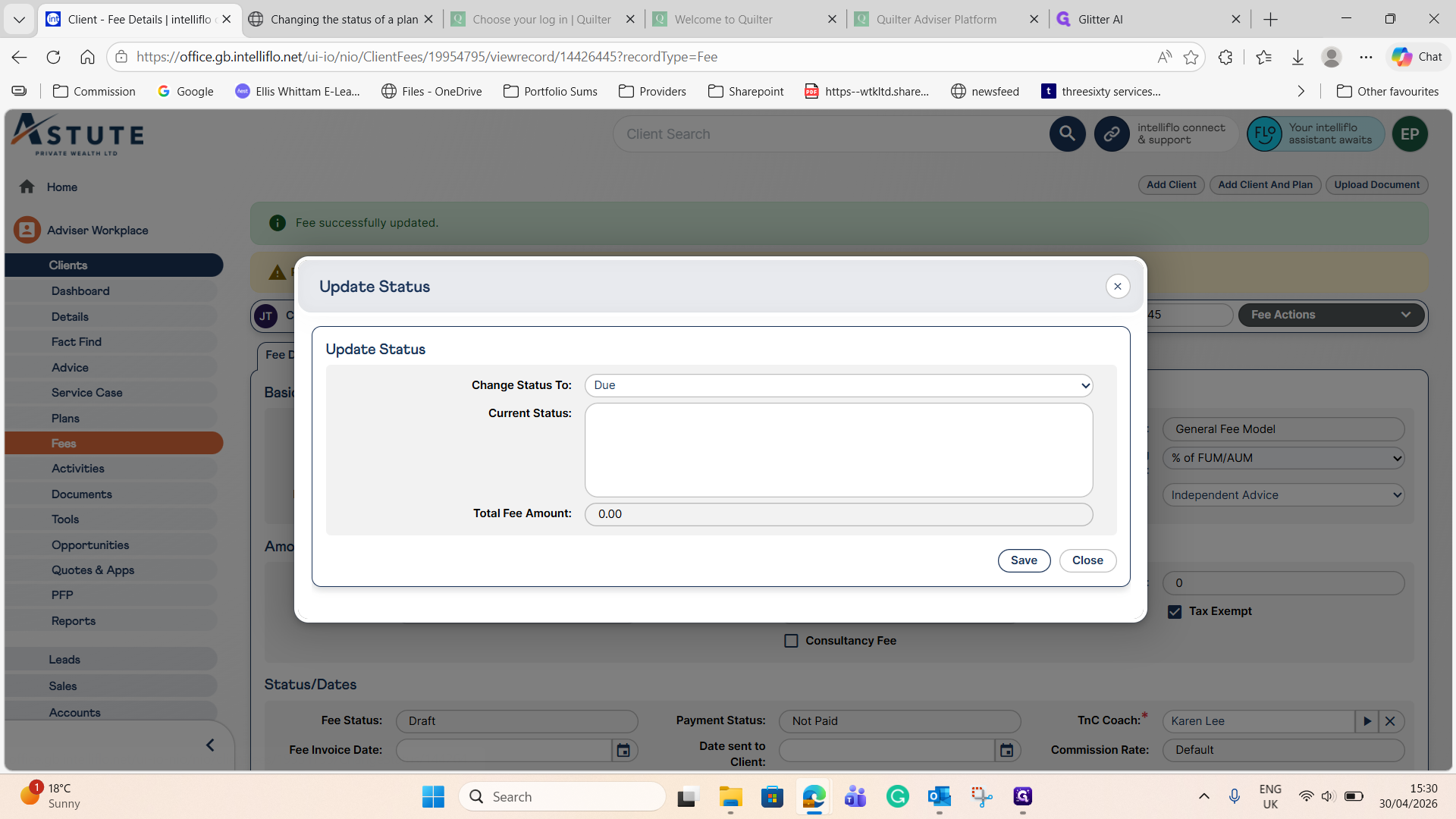 Step #14: Set the status to Due and click Save to finalize the ongoing fee.