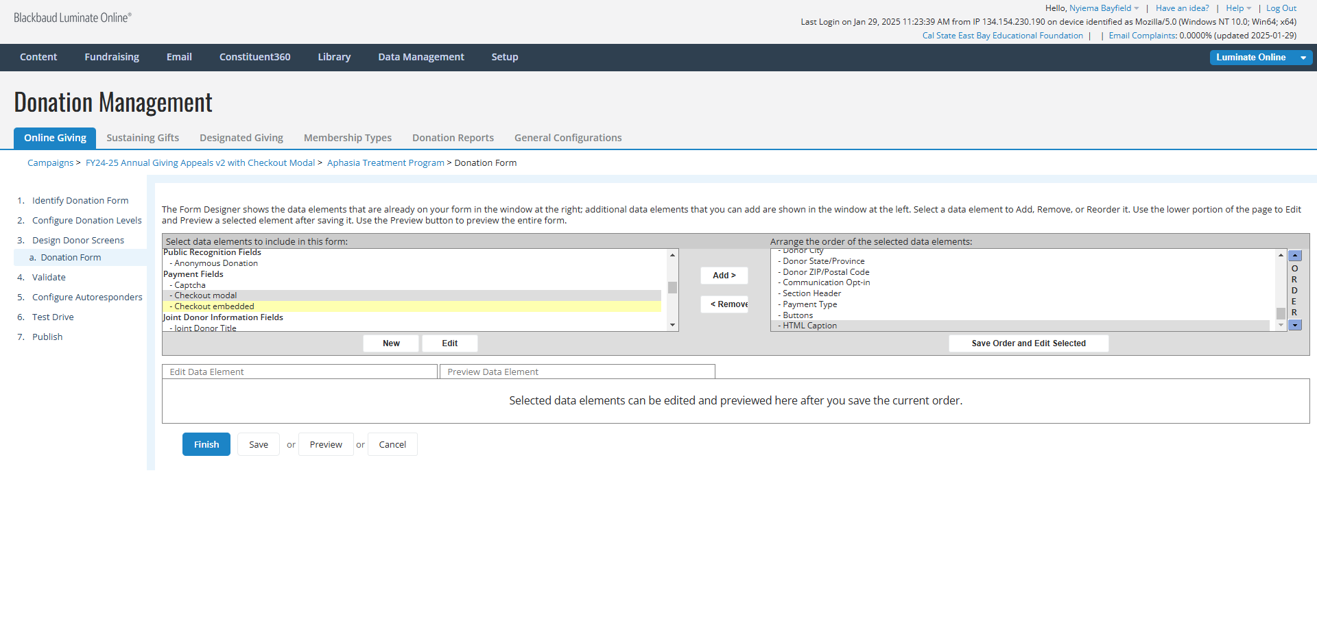 Step #33: In the top left panel, Click on "Checkout embedded".
