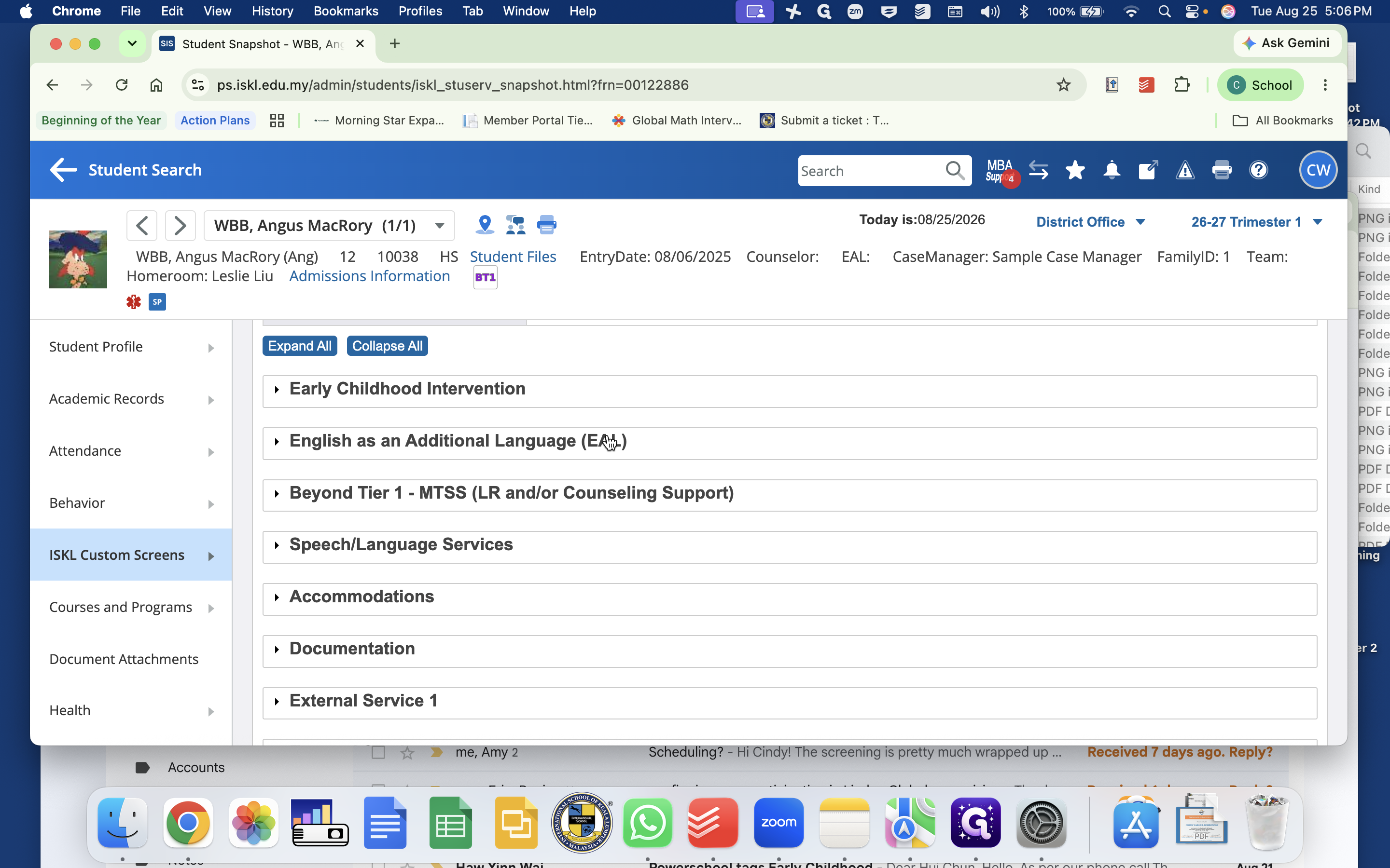 Step #7: Click the English as an Additional Language (EAL) accordion header to view EAL support details and recent WIDA test scores.