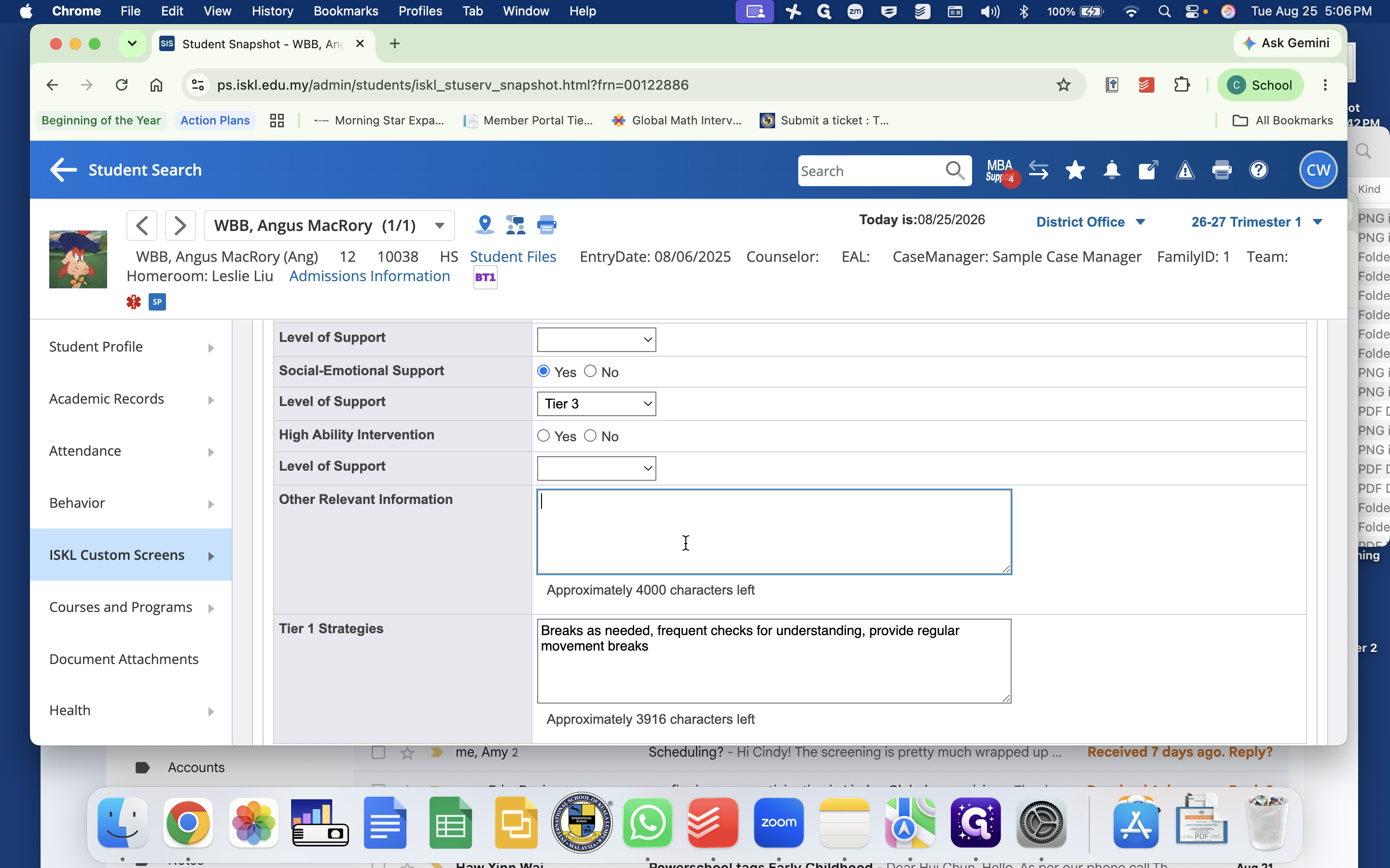 Step #9: The Other Relevant Information field may be used to enter informal support history from previous school years.