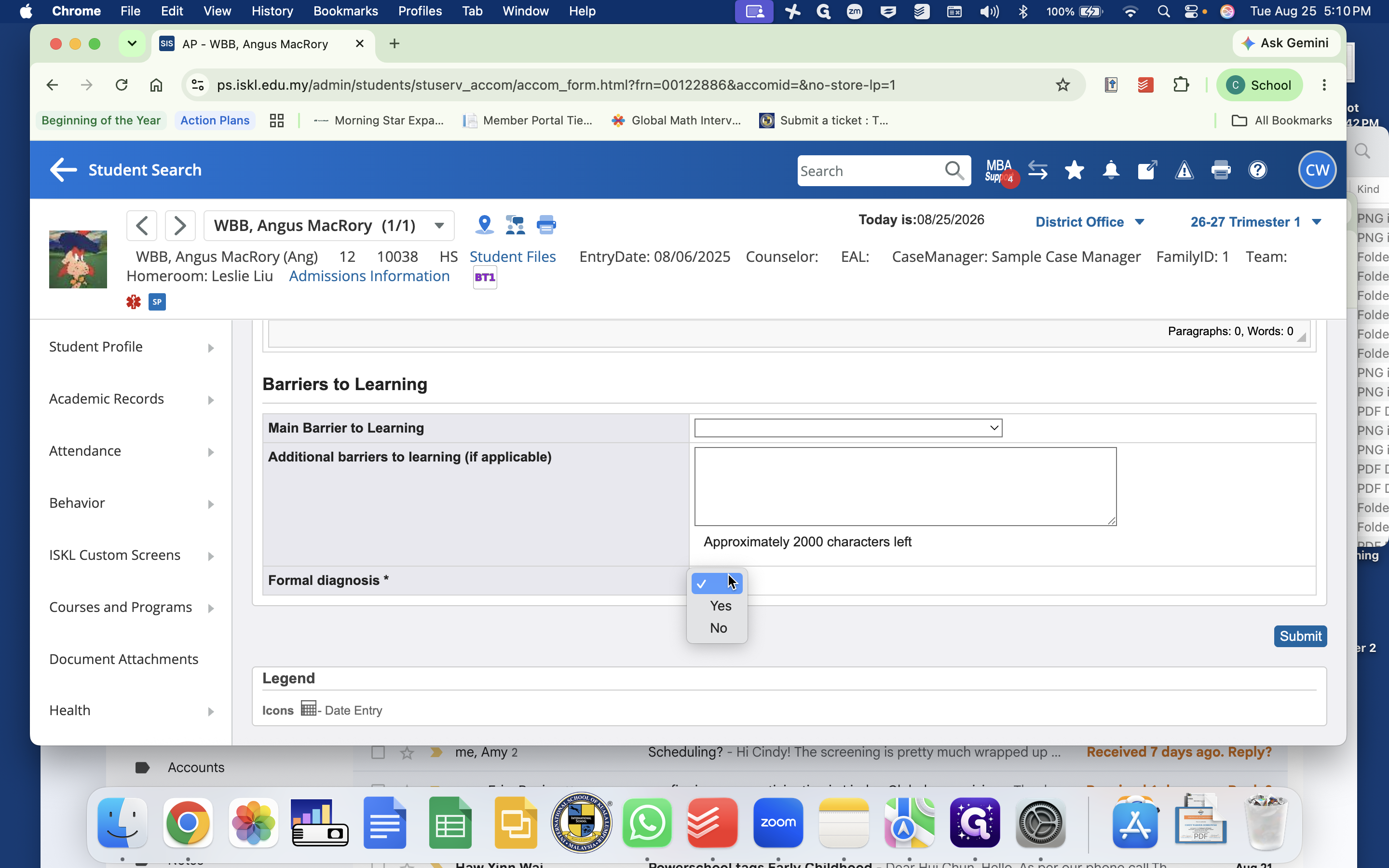 Step #19: Click the Formal diagnosis dropdown menu to specify whether the student holds an official external diagnosis.