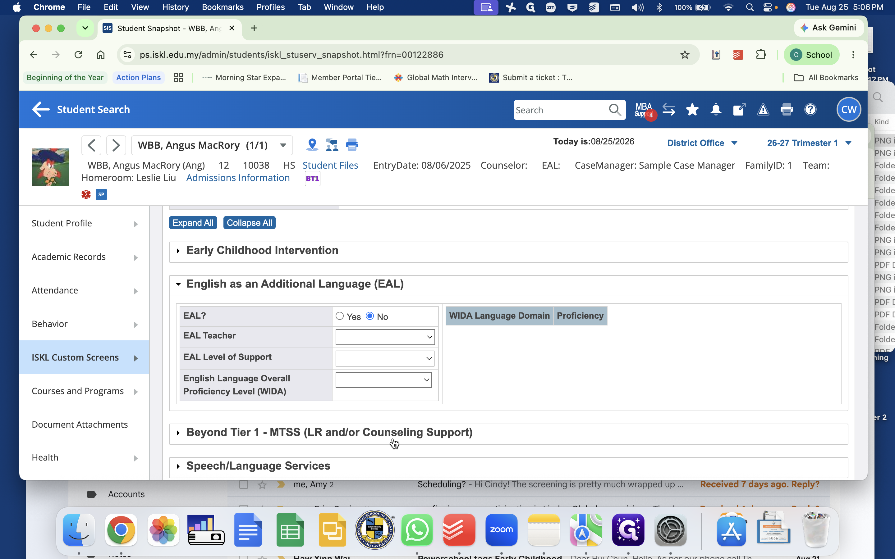 Step #8: Click the Beyond Tier 1 - MTSS (LR and/or Counseling Support) section header to view assigned case managers and support levels.