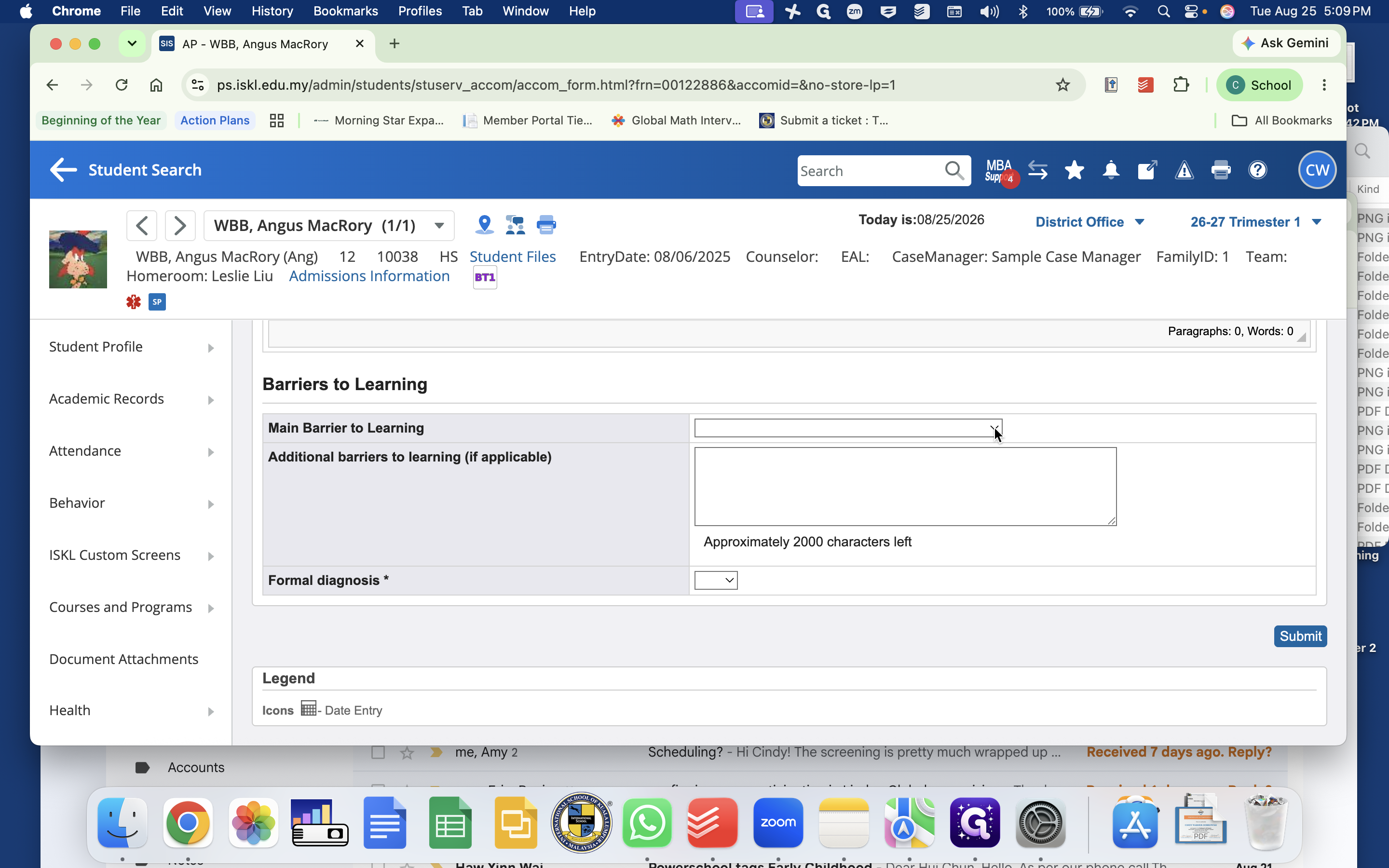 Step #18: Click the Main Barrier to Learning dropdown menu to select the primary learning barrier identified by assessment data.