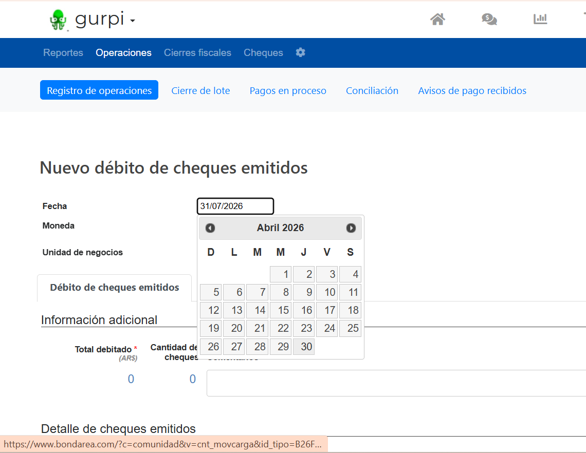 Step #3: Abre el selector de fechas haciendo doble clic en el campo correspondiente y selecciona la fecha exacta en la que el banco debitó el cheque
