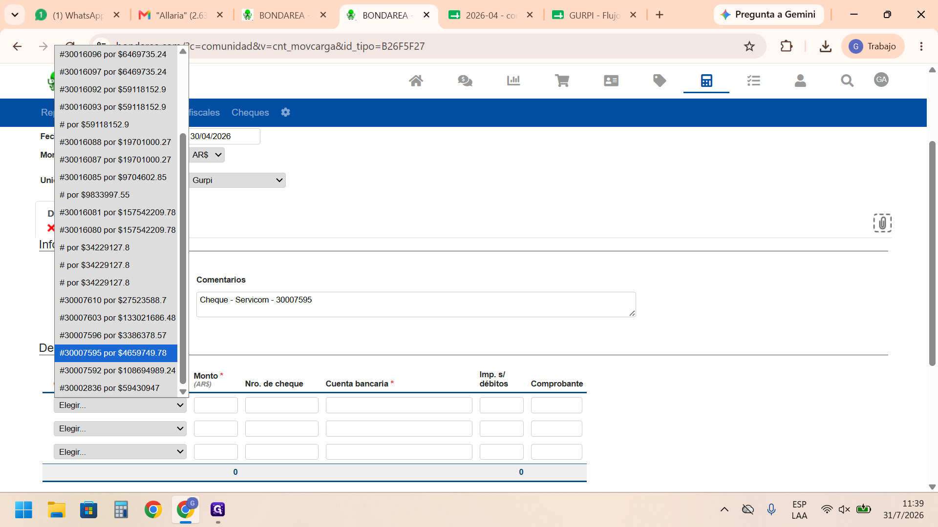 Step #5: En la sección de detalles, despliega el menú y selecciona el cheque correspondiente, validando el número y el monto exacto (ej. # 30007595 por $ 4659749.78).